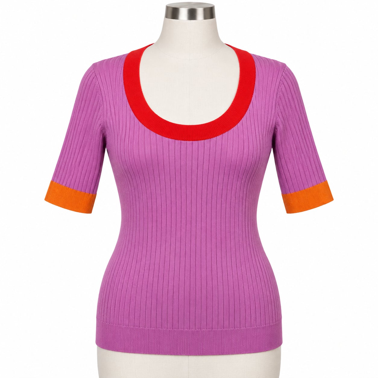 Ann Taylor Women’s M Purple Ribbed Knit Colorblock Scoop Neck Short Sleeve Top 2