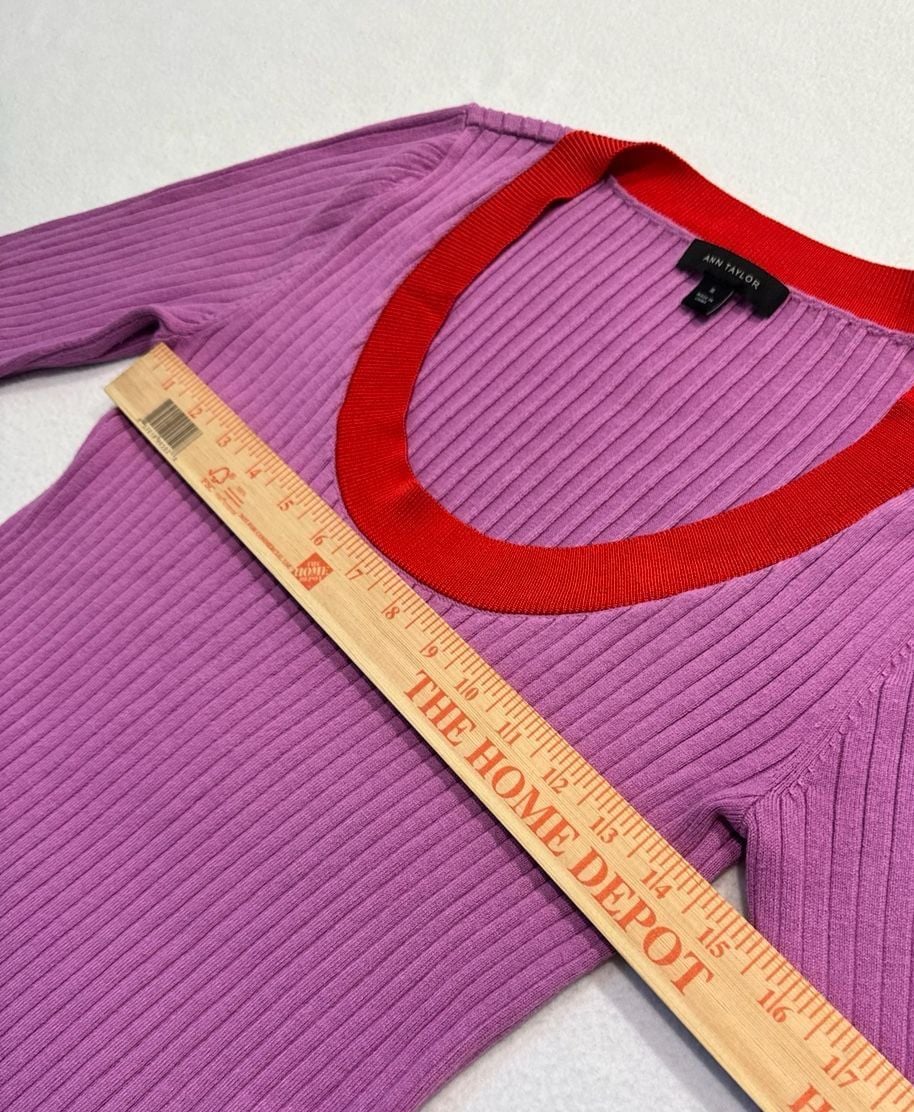 Ann Taylor Women’s M Purple Ribbed Knit Colorblock Scoop Neck Short Sleeve Top 4