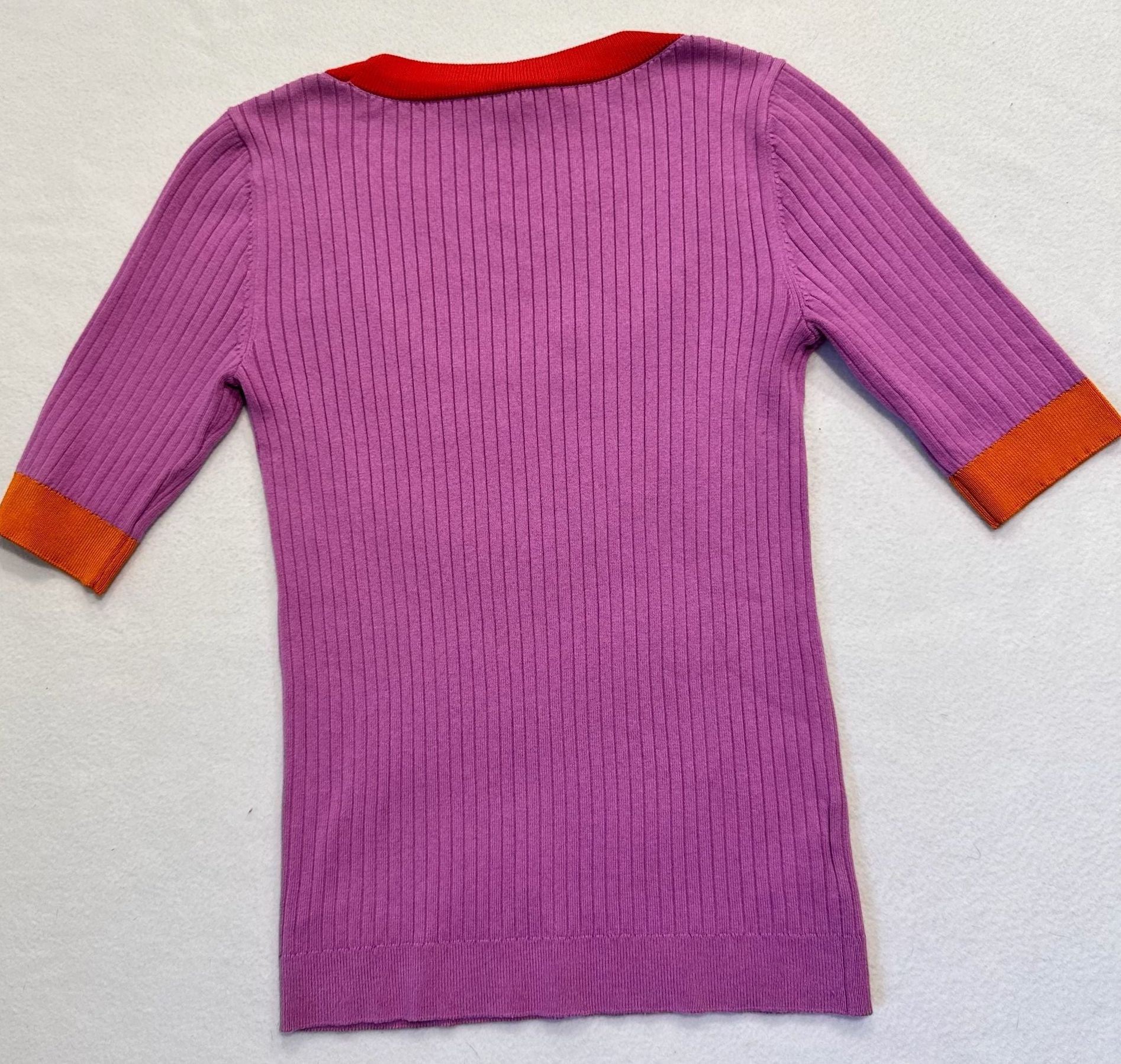 Ann Taylor Women’s M Purple Ribbed Knit Colorblock Scoop Neck Short Sleeve Top 8