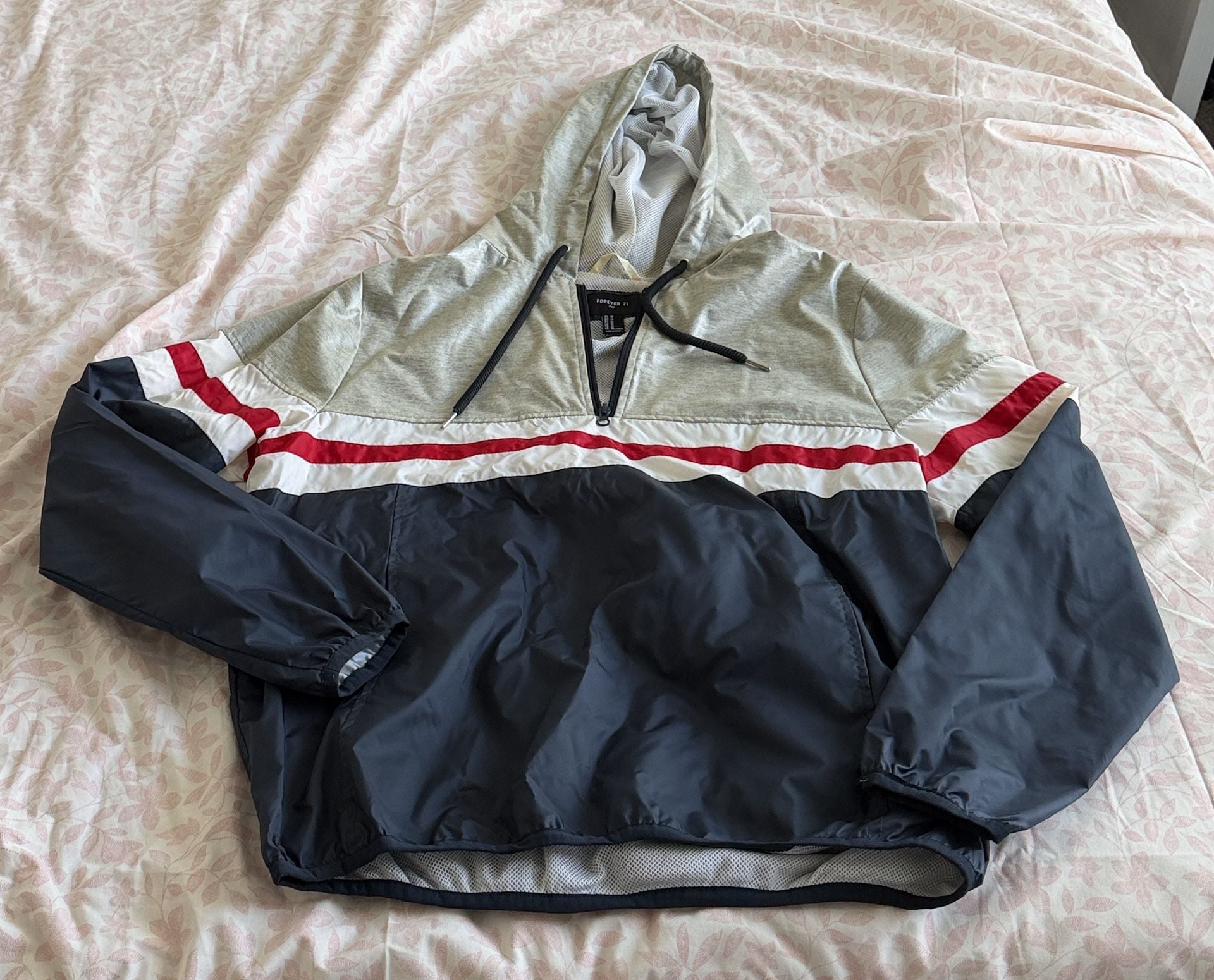 Forever 21 Colorblock Windbreaker Hoodie Size L Gray Red Navy 1