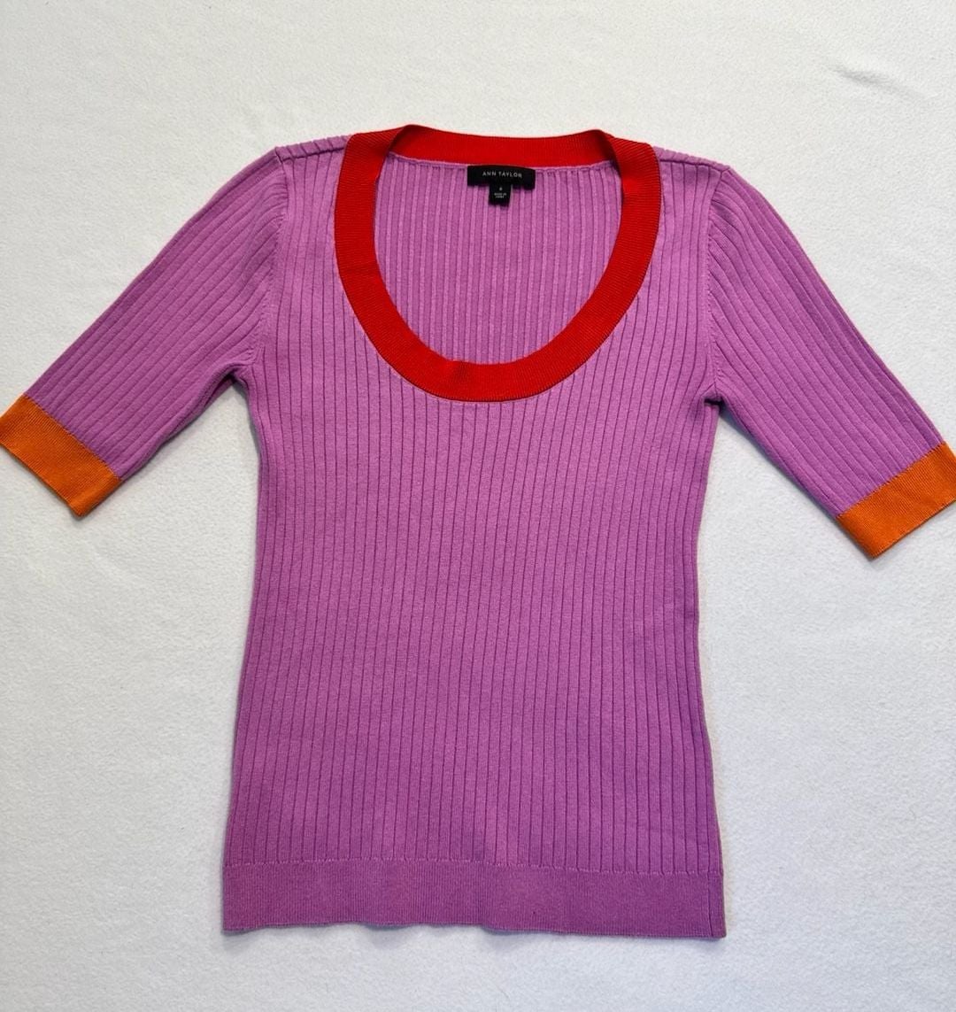 Ann Taylor Women’s M Purple Ribbed Knit Colorblock Scoop Neck Short Sleeve Top 9