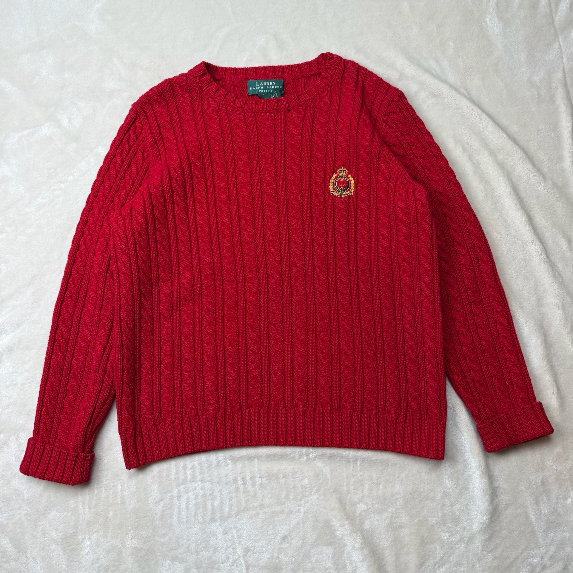 Red Lauren Ralph Lauren Sweater Size P/P Red 90โs Cotton Cable Knit Crest Logo 2