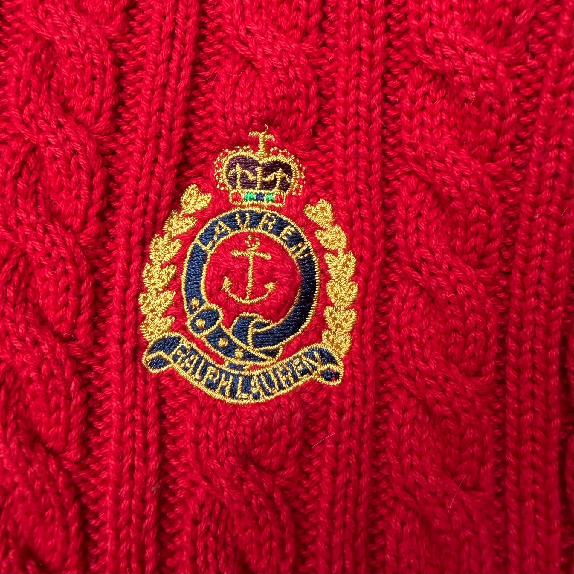 Red Lauren Ralph Lauren Sweater Size P/P Red 90โs Cotton Cable Knit Crest Logo 3