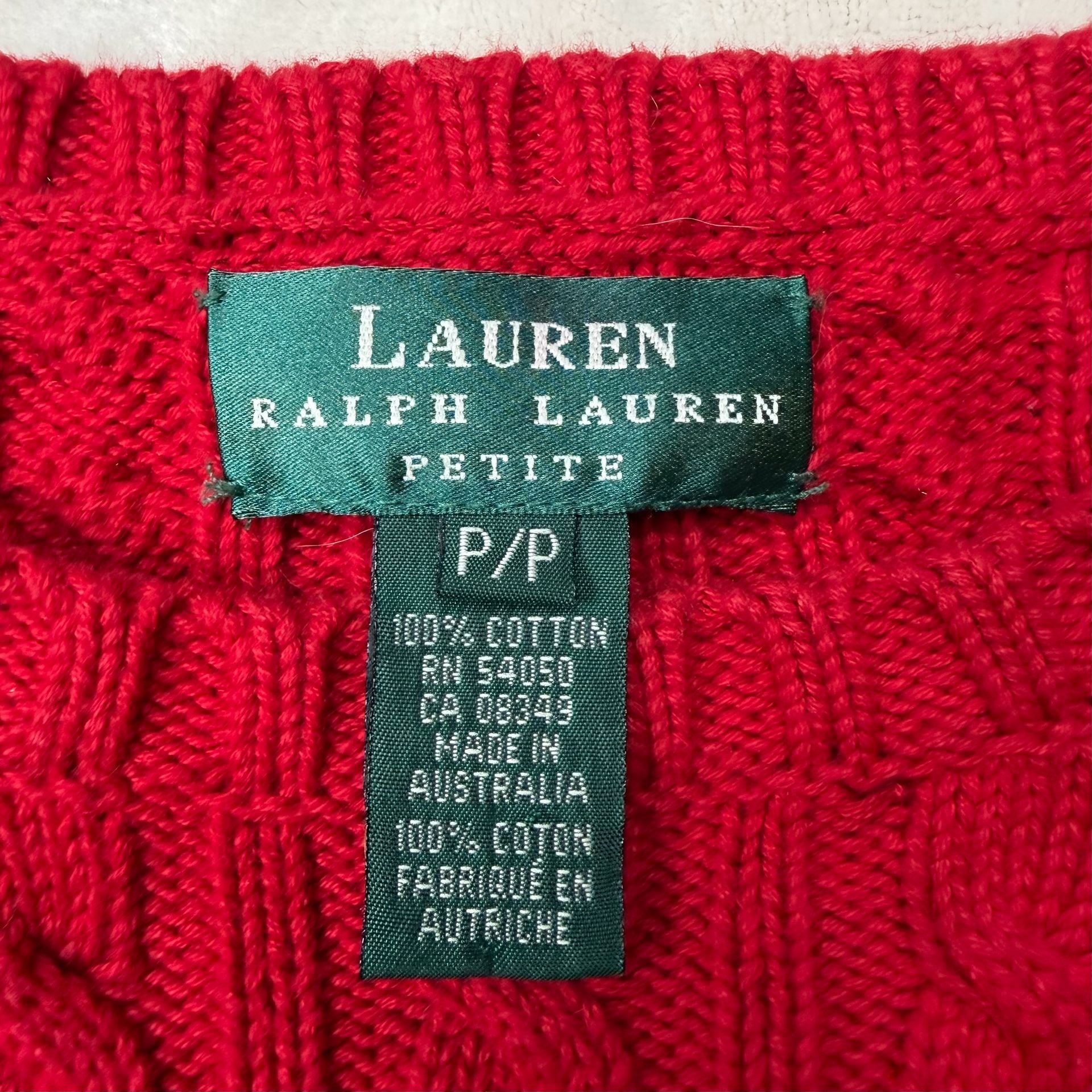 Red Lauren Ralph Lauren Sweater Size P/P Red 90โs Cotton Cable Knit Crest Logo 4