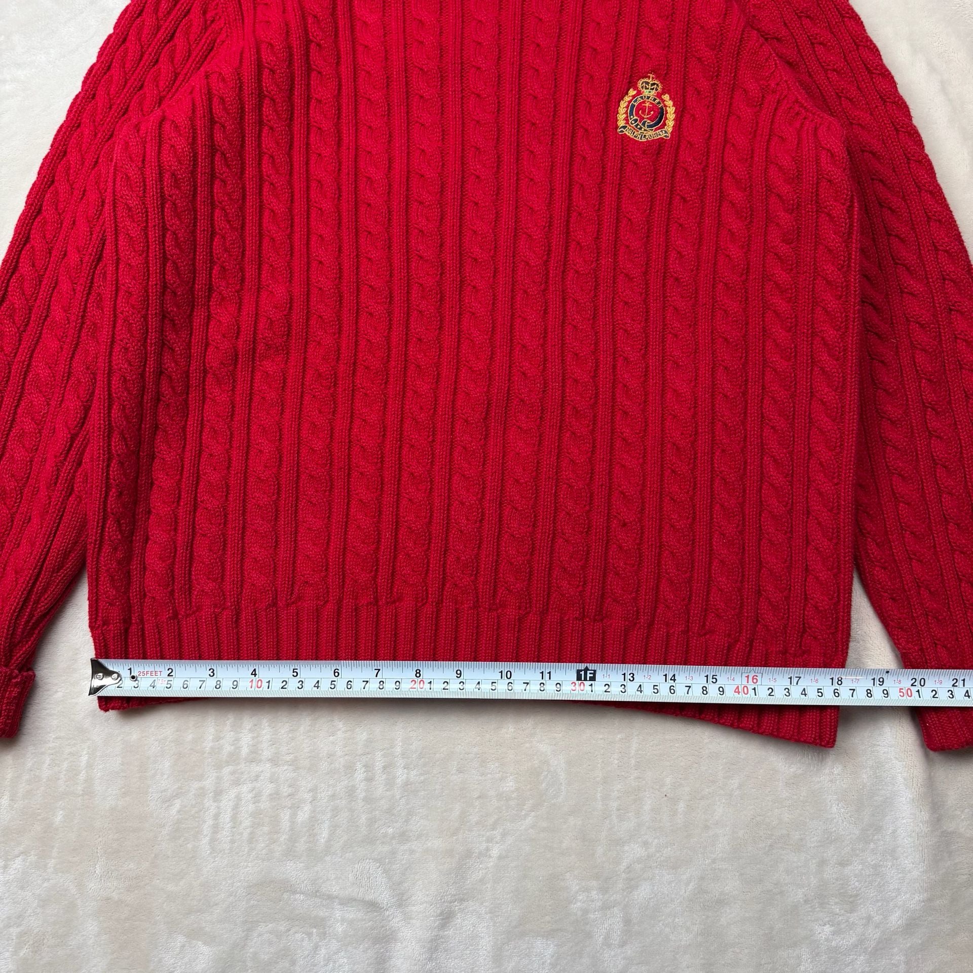 Red Lauren Ralph Lauren Sweater Size P/P Red 90โs Cotton Cable Knit Crest Logo 5