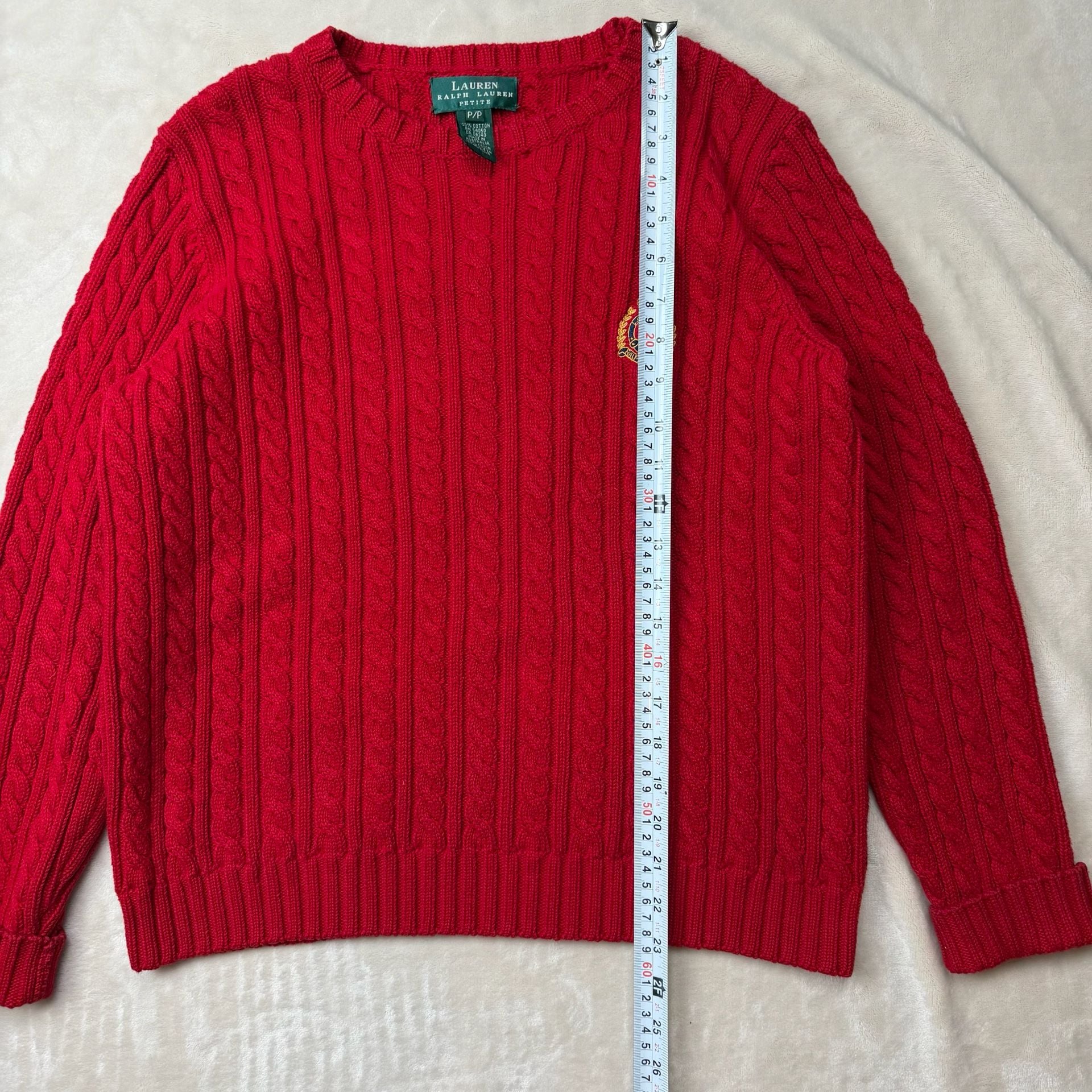 Red Lauren Ralph Lauren Sweater Size P/P Red 90โs Cotton Cable Knit Crest Logo 6