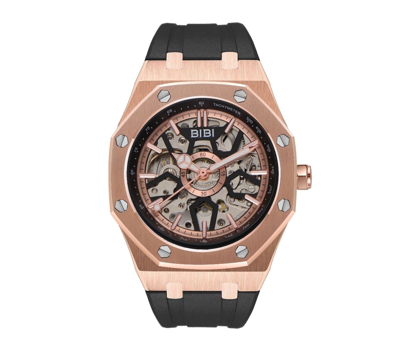 BiBi Rose Gold Automatic Skeleton Dial With Black Strap 2