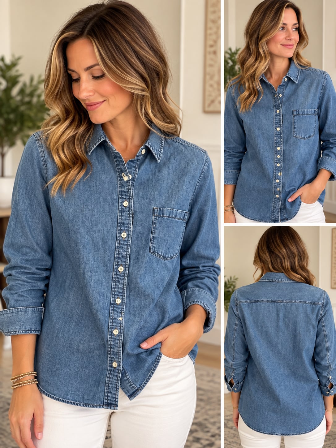Talbots Women’s Medium Chambray Denim Button Front Shirt 100% Cotton 2