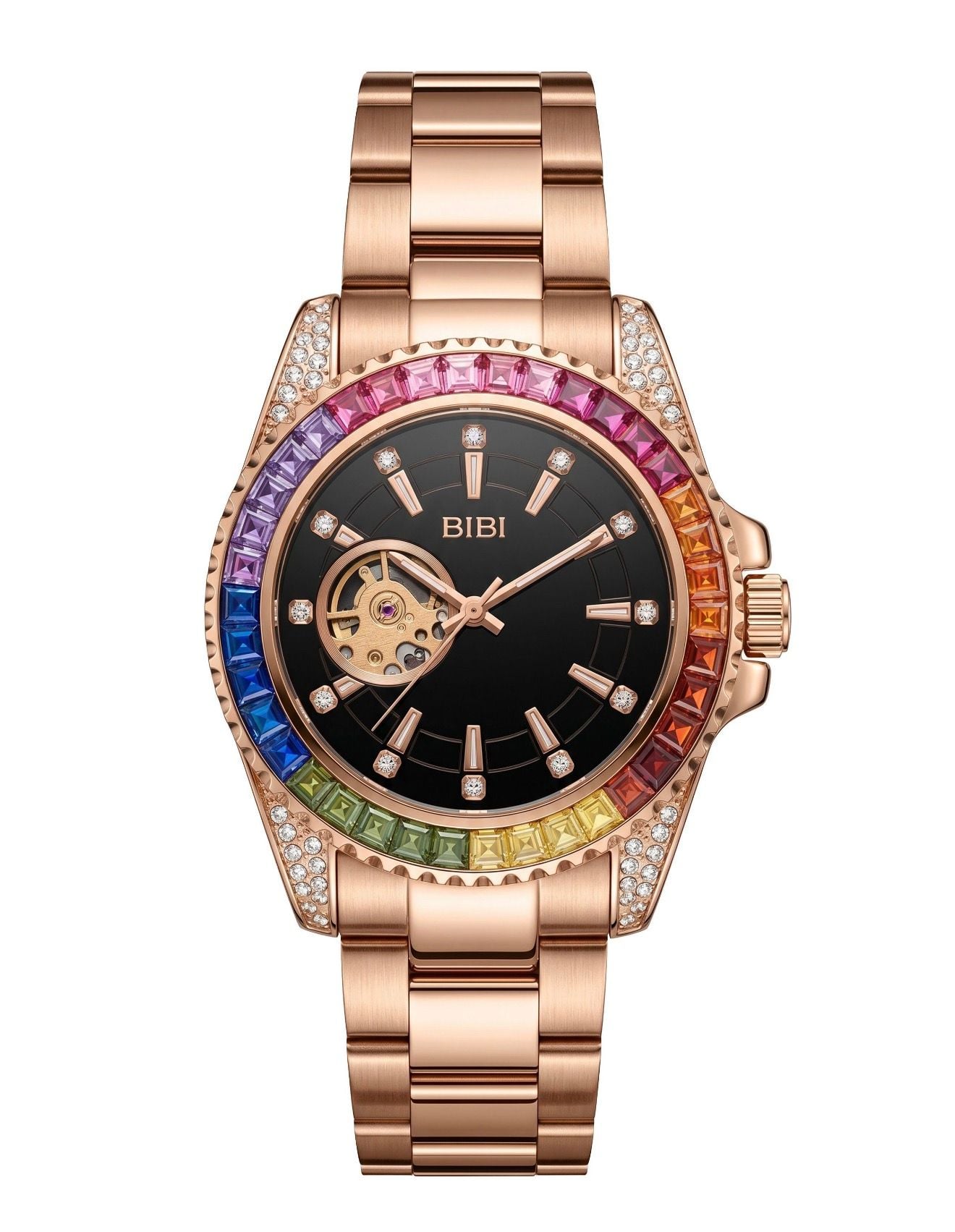 Bibi Rainbow Gem Automatic Mechanical Watch Rose Gold Black Dial 2