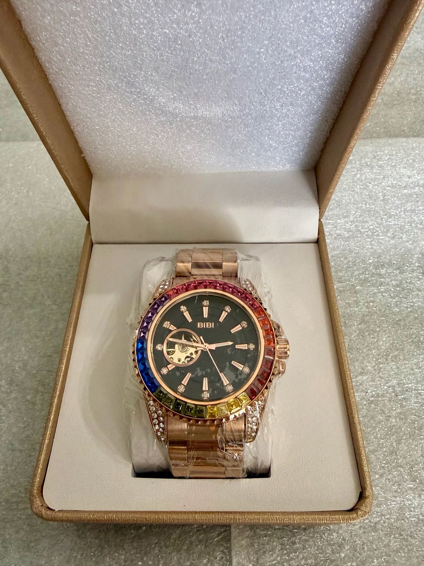 Bibi Rainbow Gem Automatic Mechanical Watch Rose Gold Black Dial 3