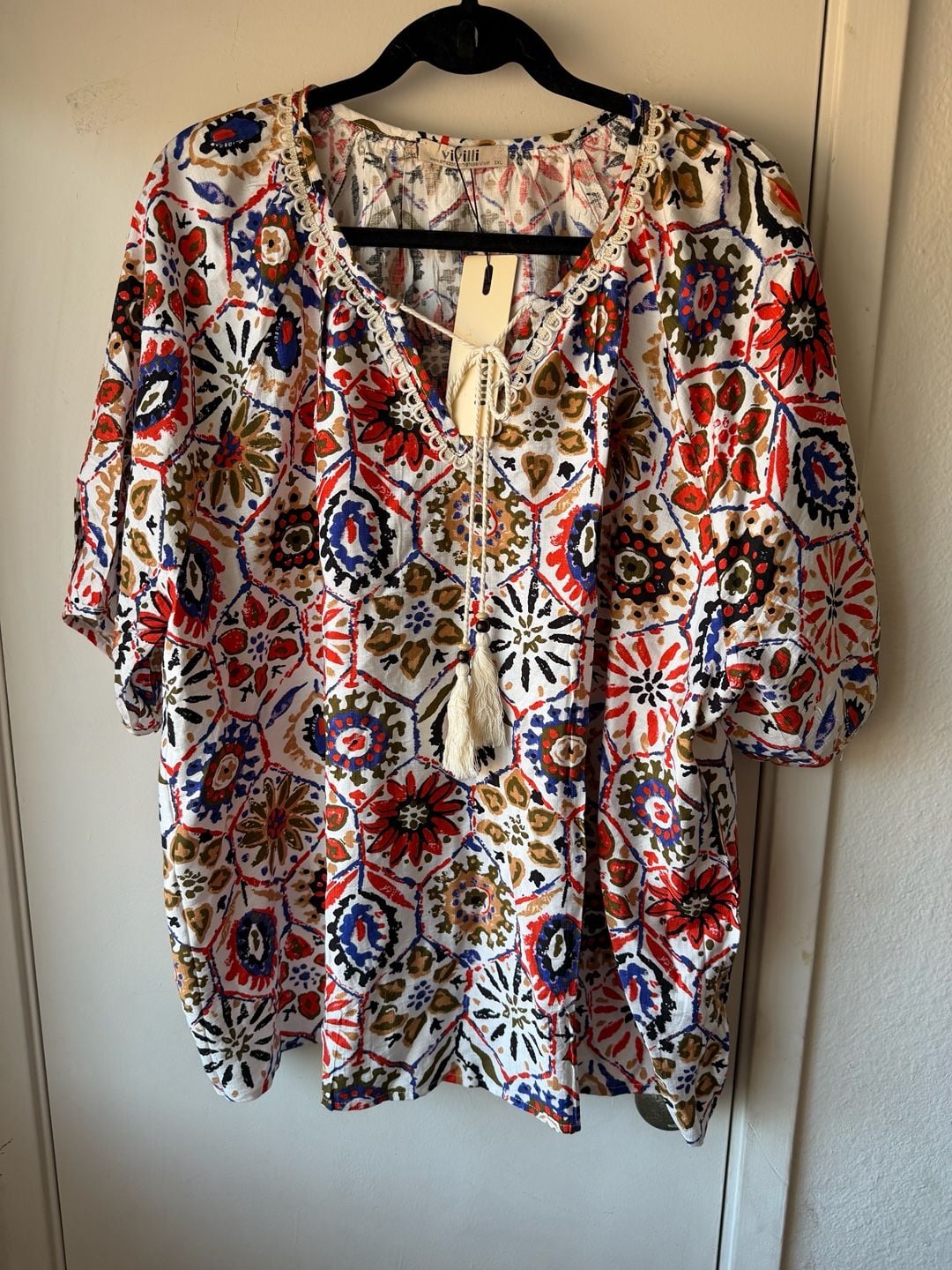 Vivilli Blouse Size XXL Multicolored Geometric Boho Tassel Peasant Top 2