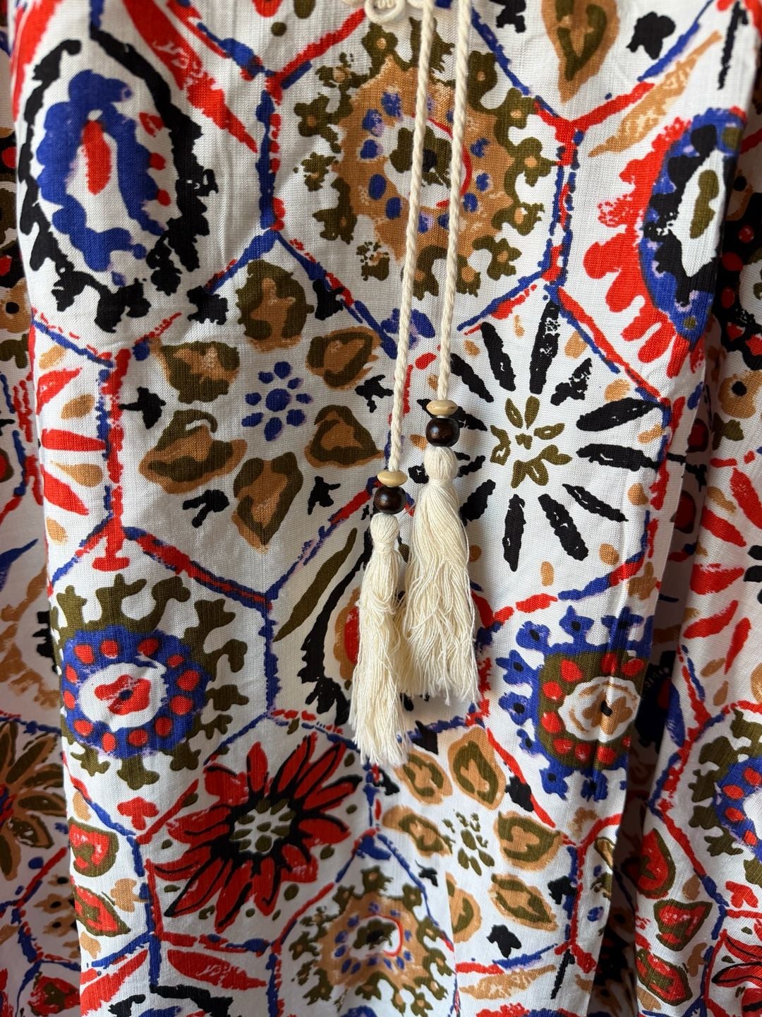 Vivilli Blouse Size XXL Multicolored Geometric Boho Tassel Peasant Top 4