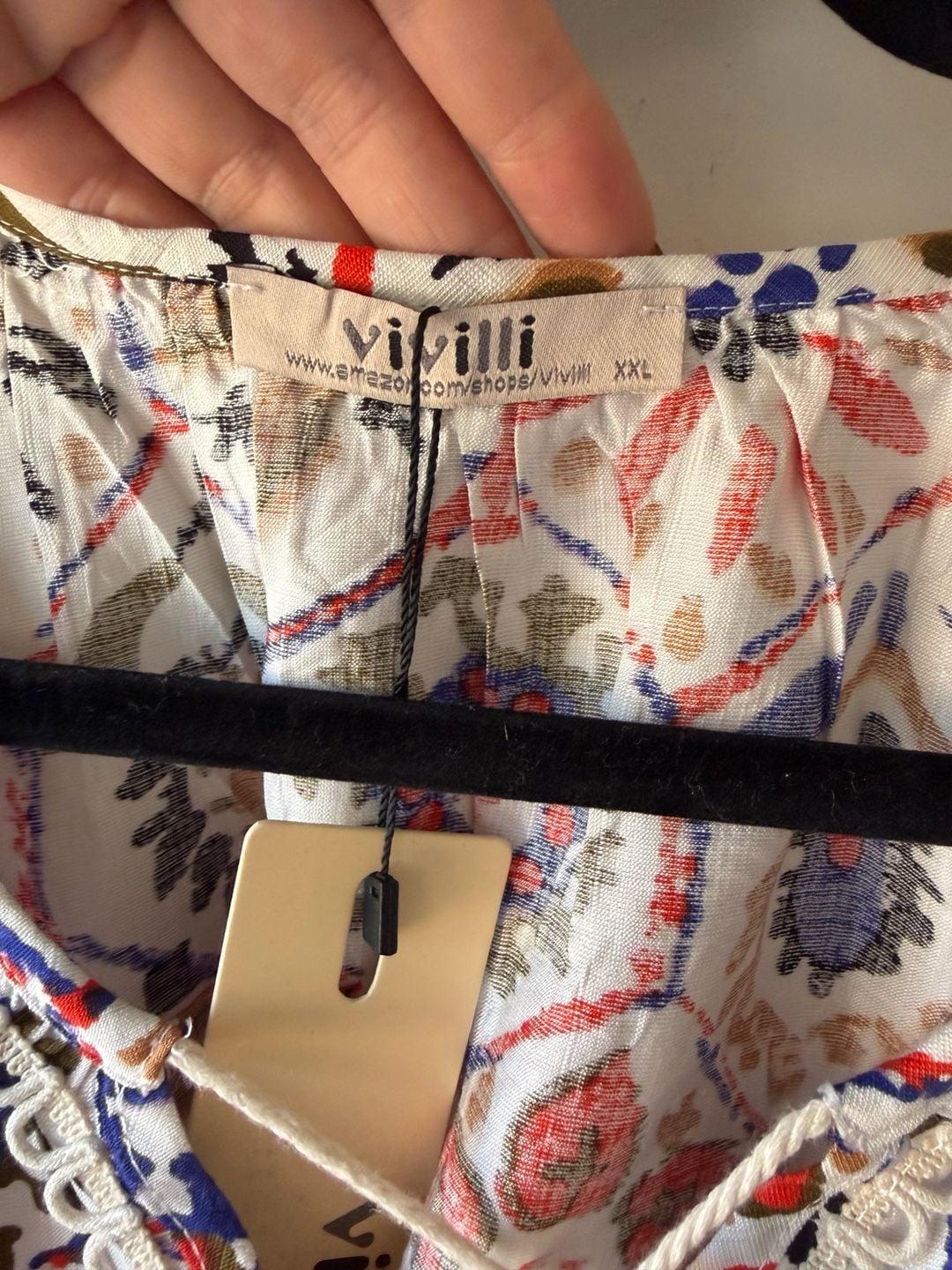Vivilli Blouse Size XXL Multicolored Geometric Boho Tassel Peasant Top 6