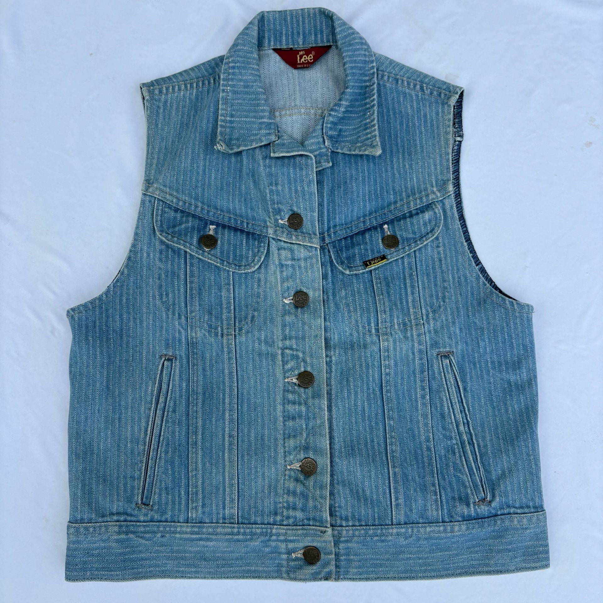 VTG 80s Ms Lee Pinstripe Denim Vest Medium 13/14 Railroad Stripe Made In USA 2