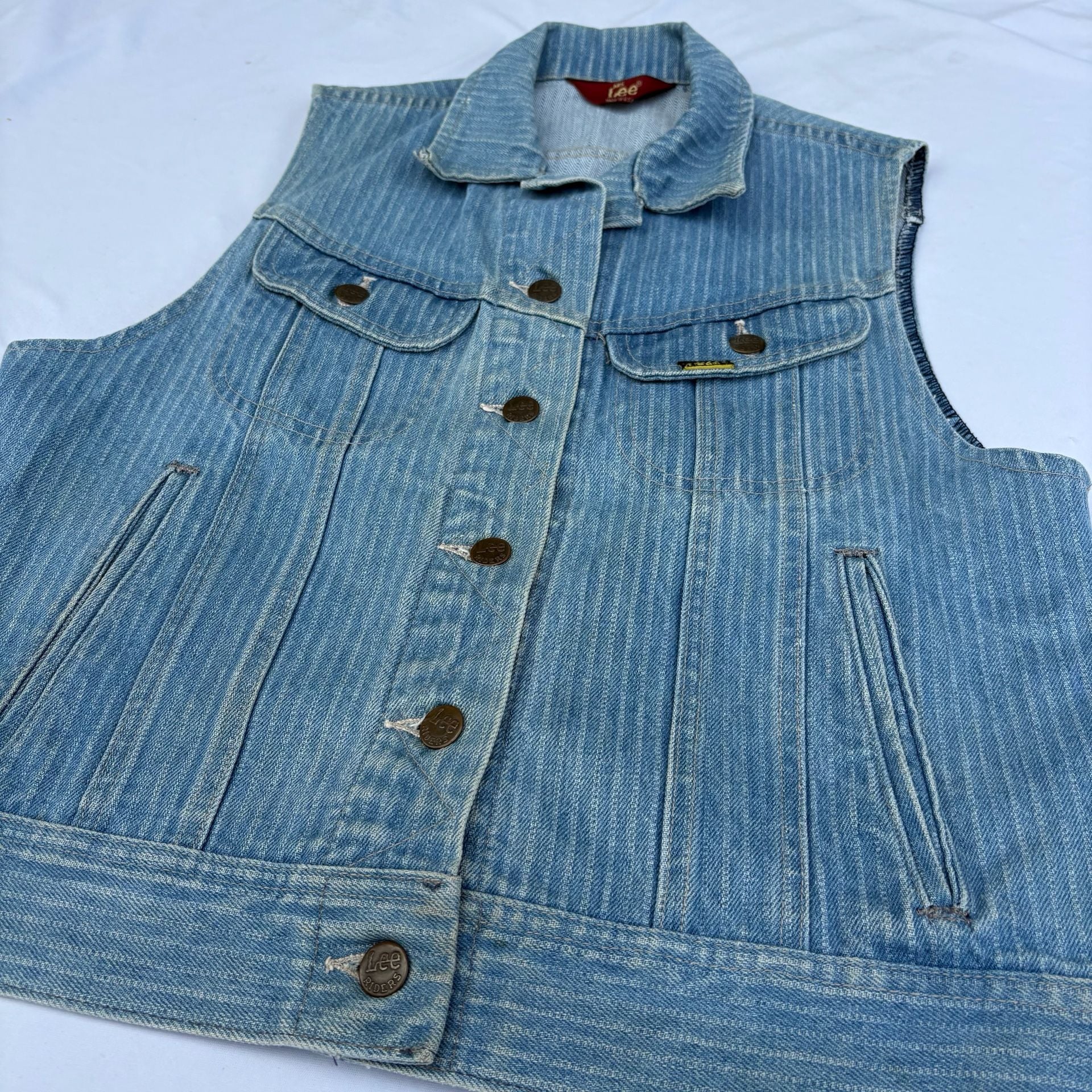 VTG 80s Ms Lee Pinstripe Denim Vest Medium 13/14 Railroad Stripe Made In USA 9