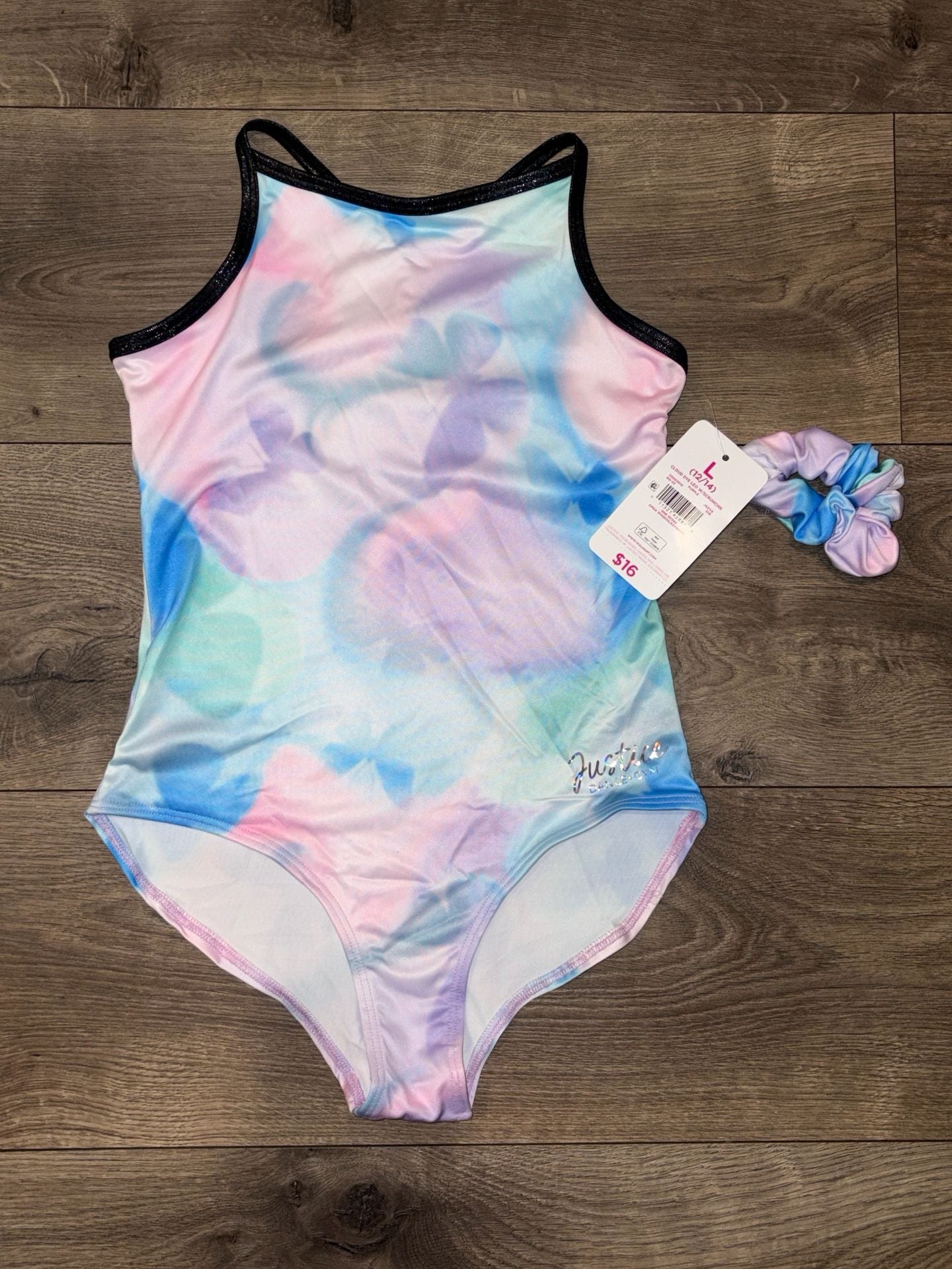 Justice Cloud Dye Leotard Size 12/14 Purple With Scrunchie 1