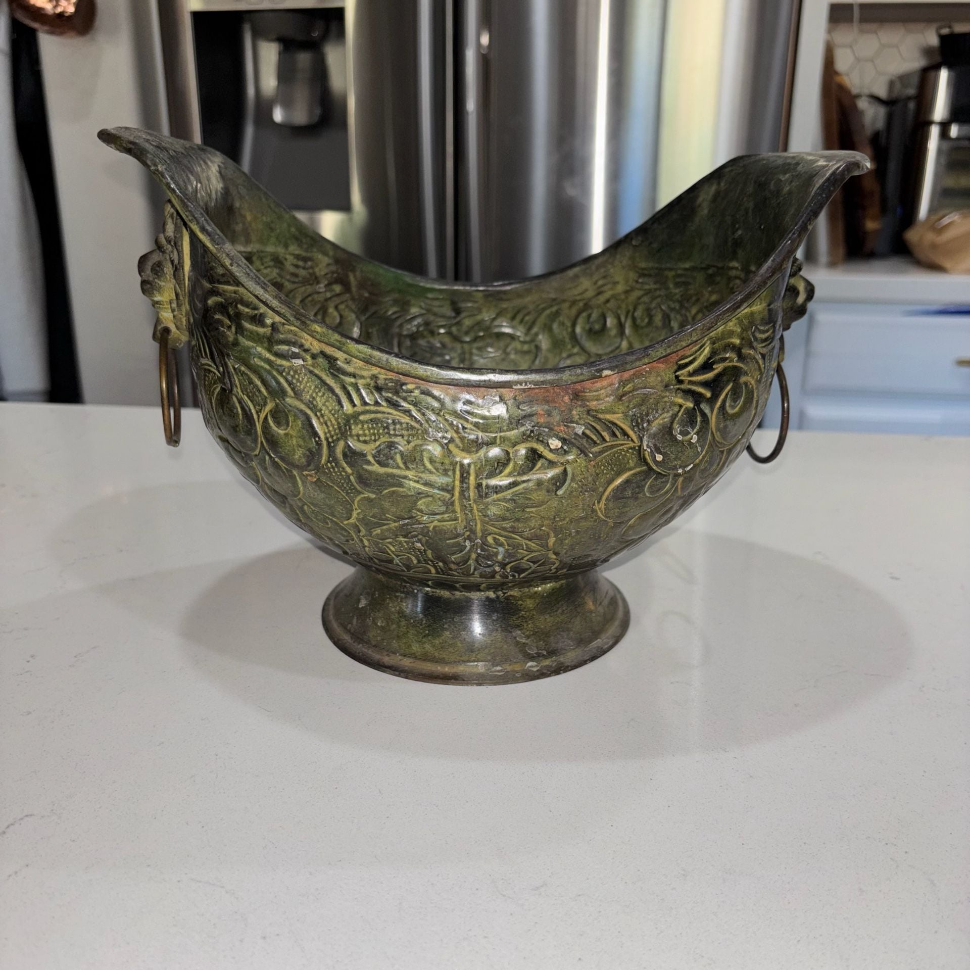 Vintage Brass Footed Scuttle Bowl Planter with Lion Head Ring Handles 1