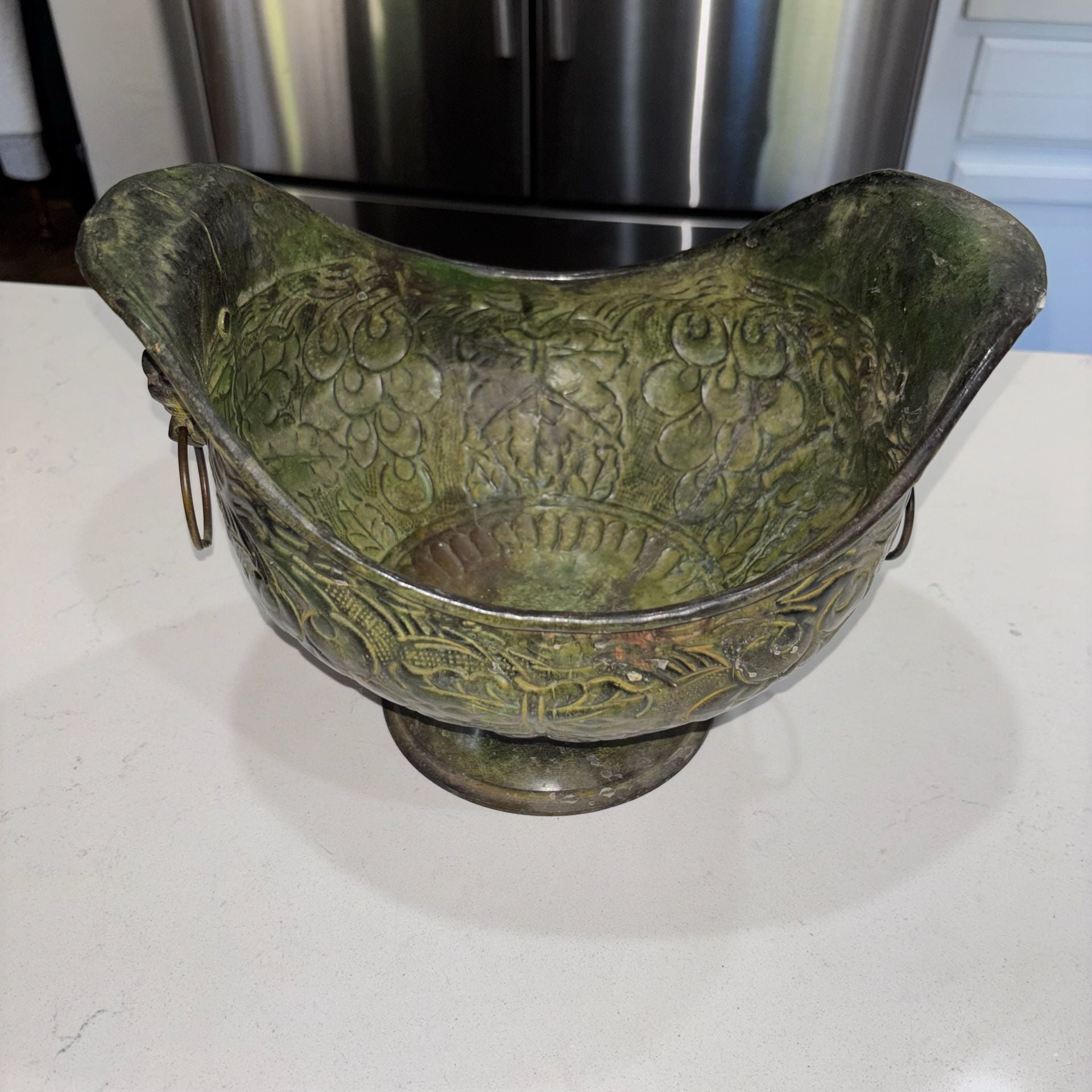 Vintage Brass Footed Scuttle Bowl Planter with Lion Head Ring Handles 2
