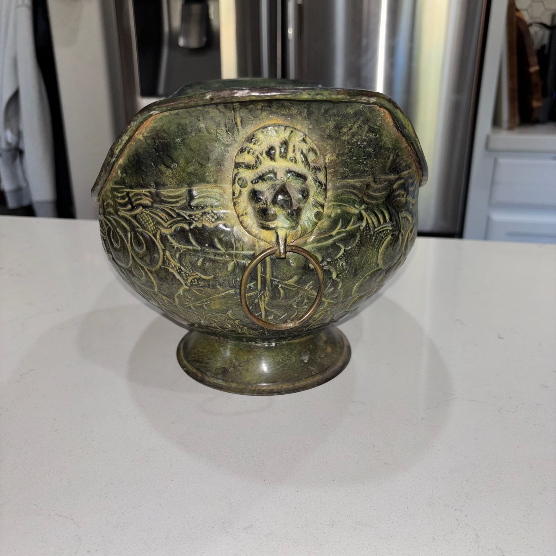 Vintage Brass Footed Scuttle Bowl Planter with Lion Head Ring Handles 4