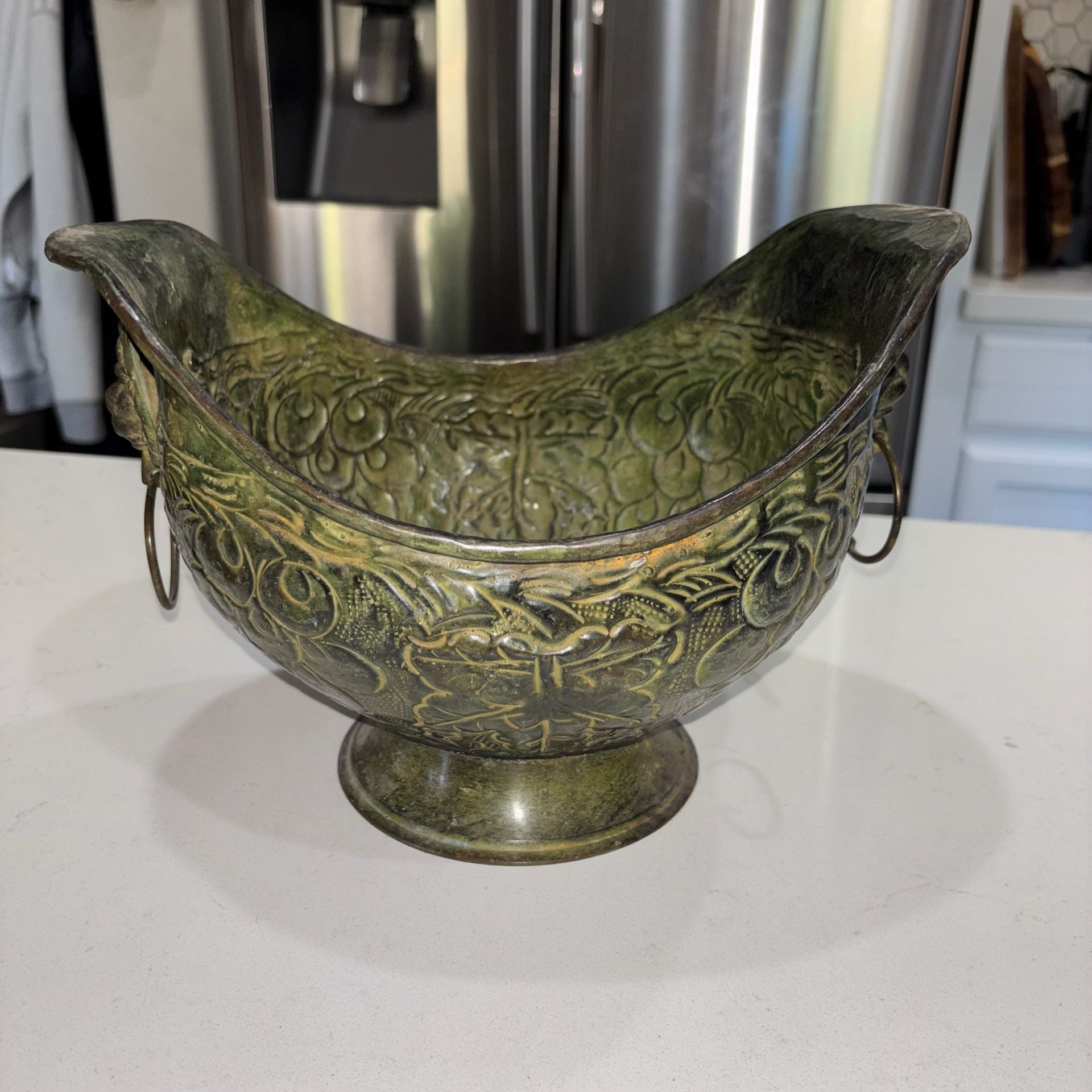 Vintage Brass Footed Scuttle Bowl Planter with Lion Head Ring Handles 5