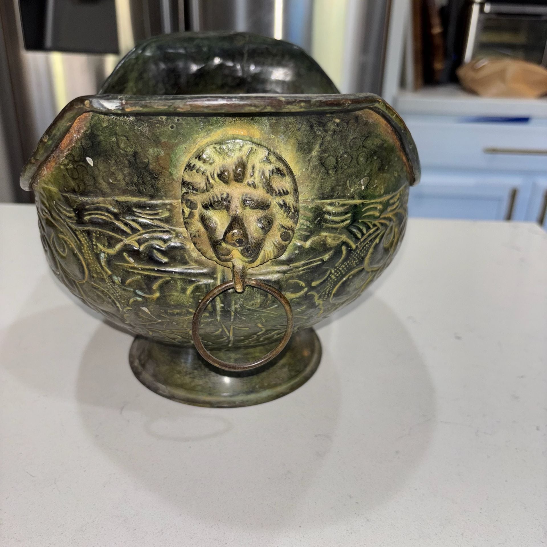 Vintage Brass Footed Scuttle Bowl Planter with Lion Head Ring Handles 6
