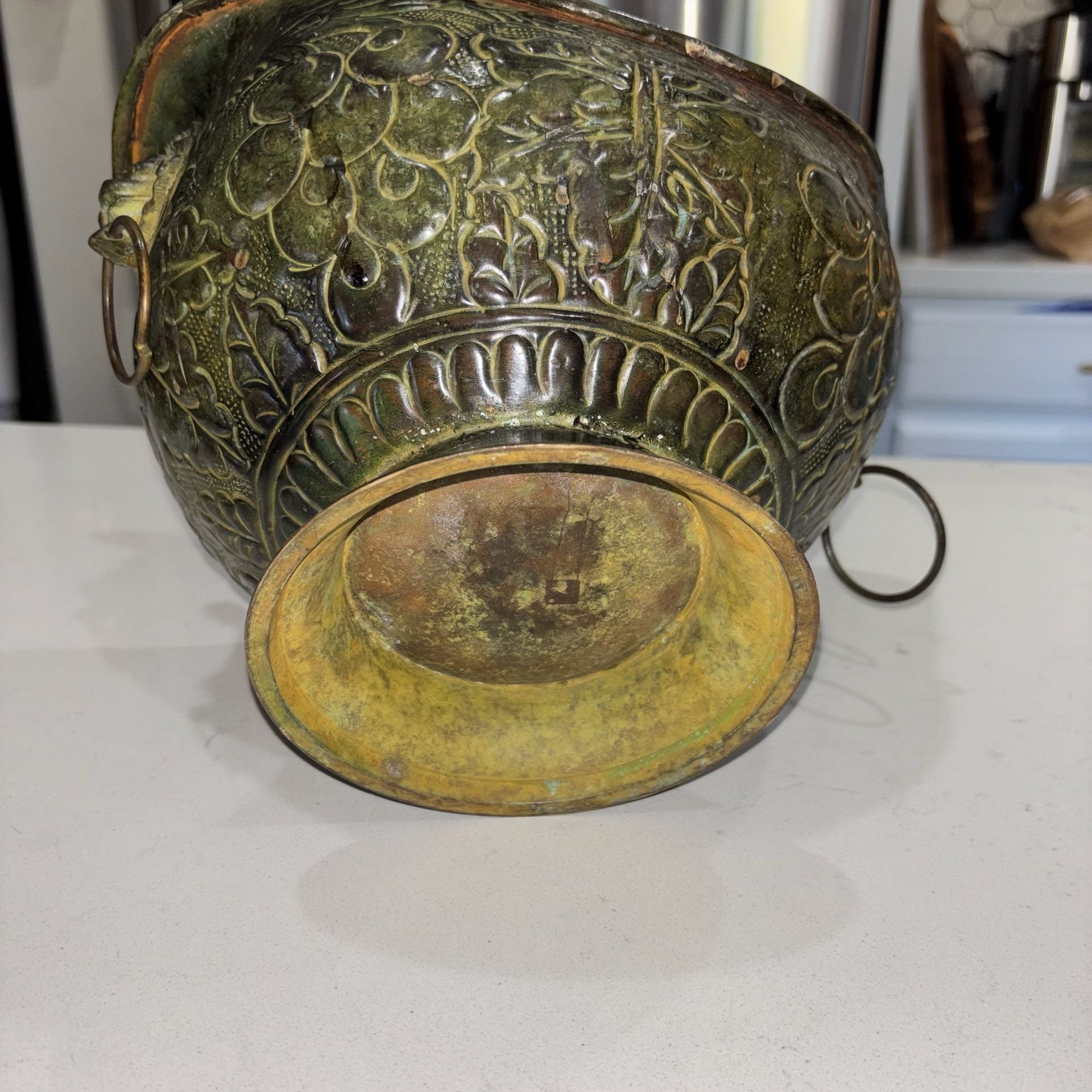 Vintage Brass Footed Scuttle Bowl Planter with Lion Head Ring Handles 8