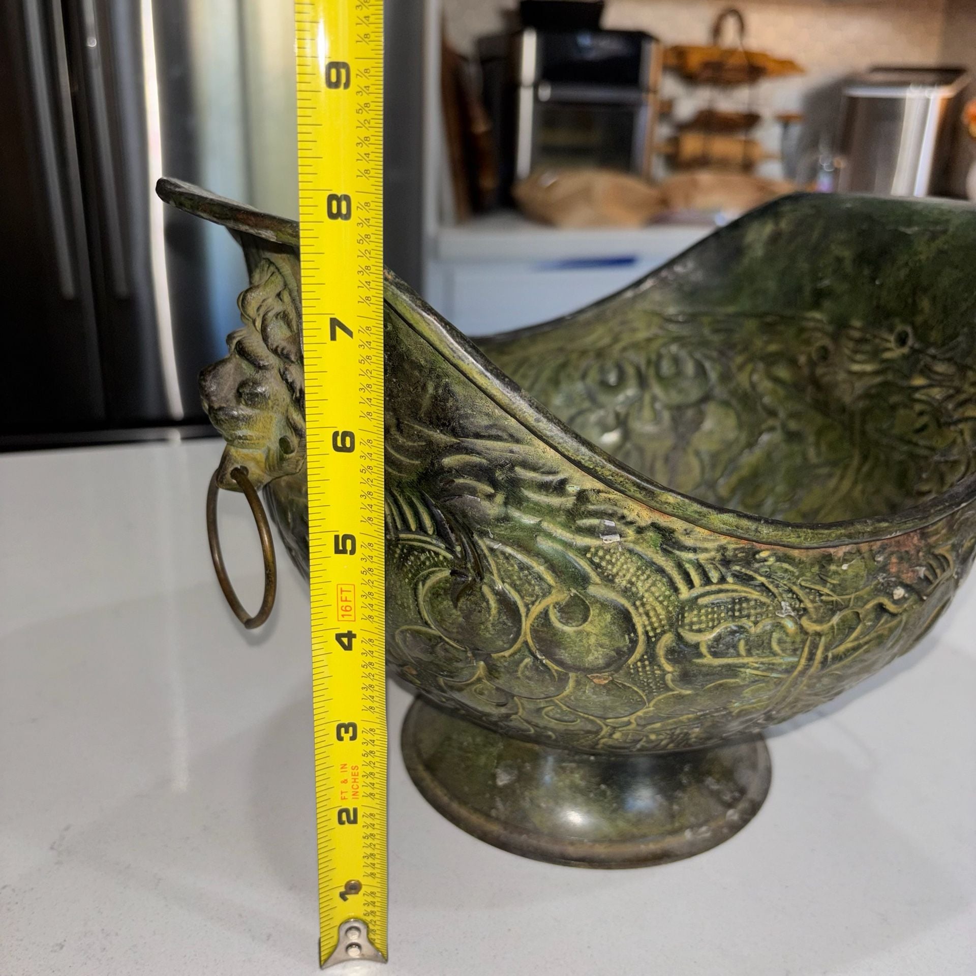 Vintage Brass Footed Scuttle Bowl Planter with Lion Head Ring Handles 11