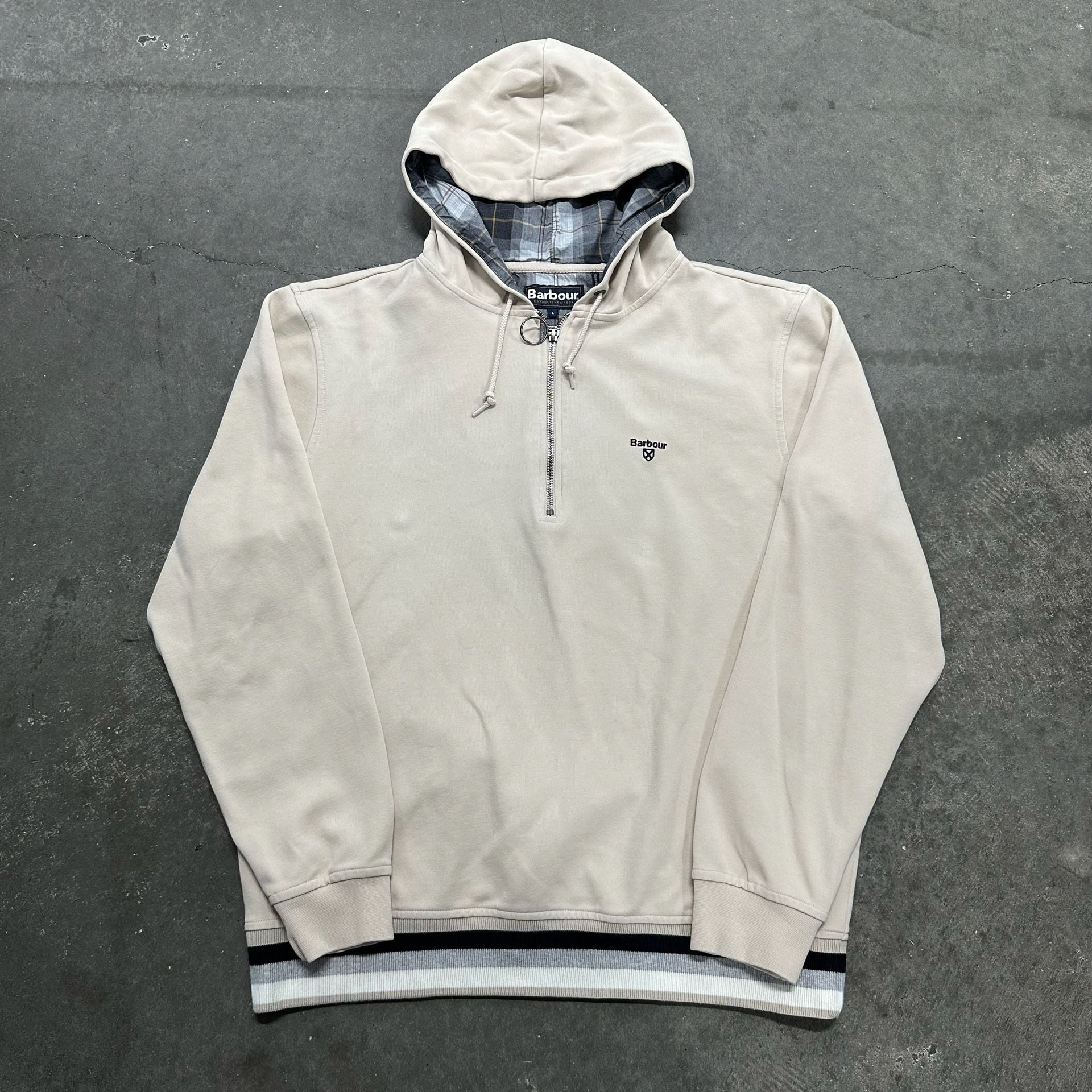 Barbour Rosford Half Zip Hoodie Size L Beige Plaid Lined 2