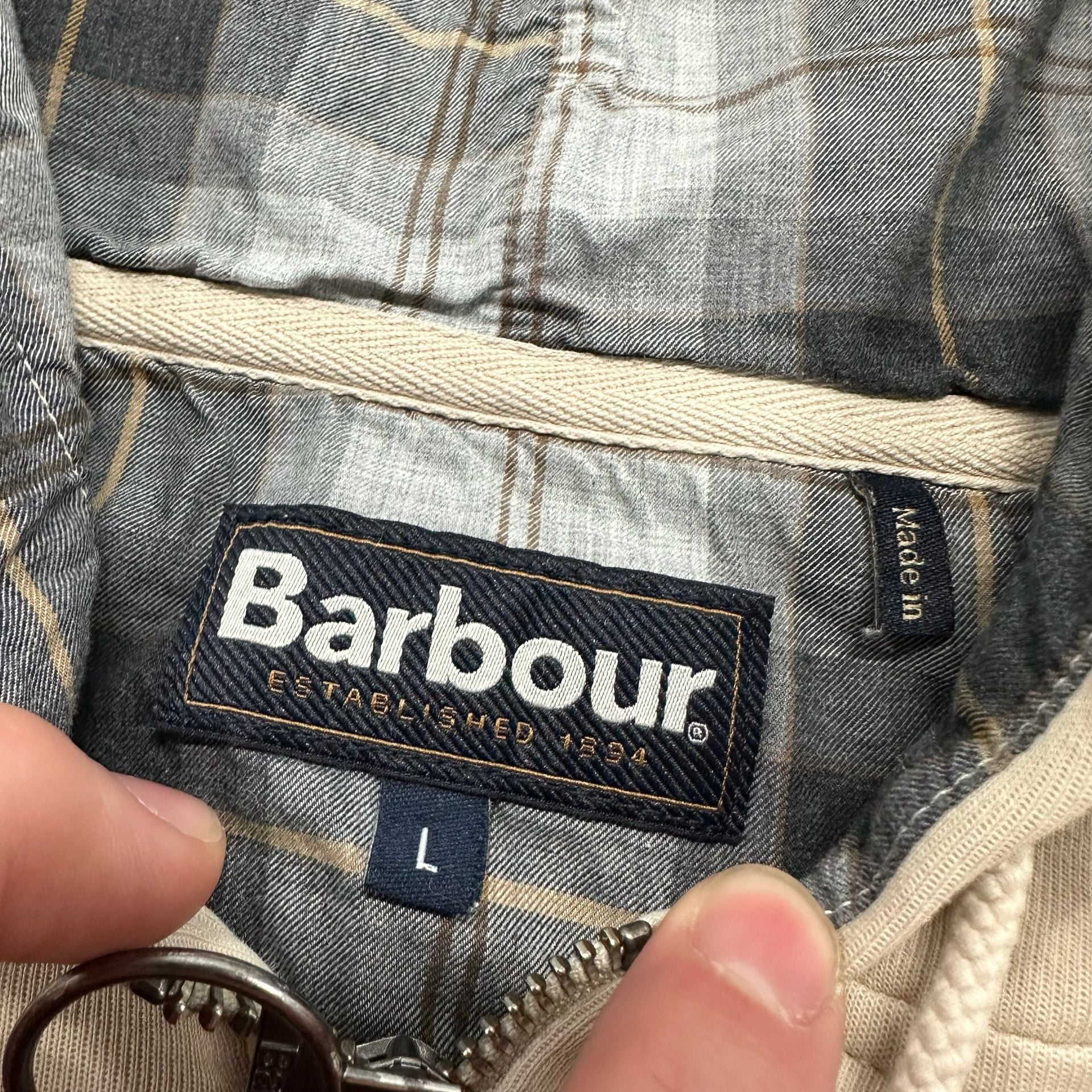 Barbour Rosford Half Zip Hoodie Size L Beige Plaid Lined 3