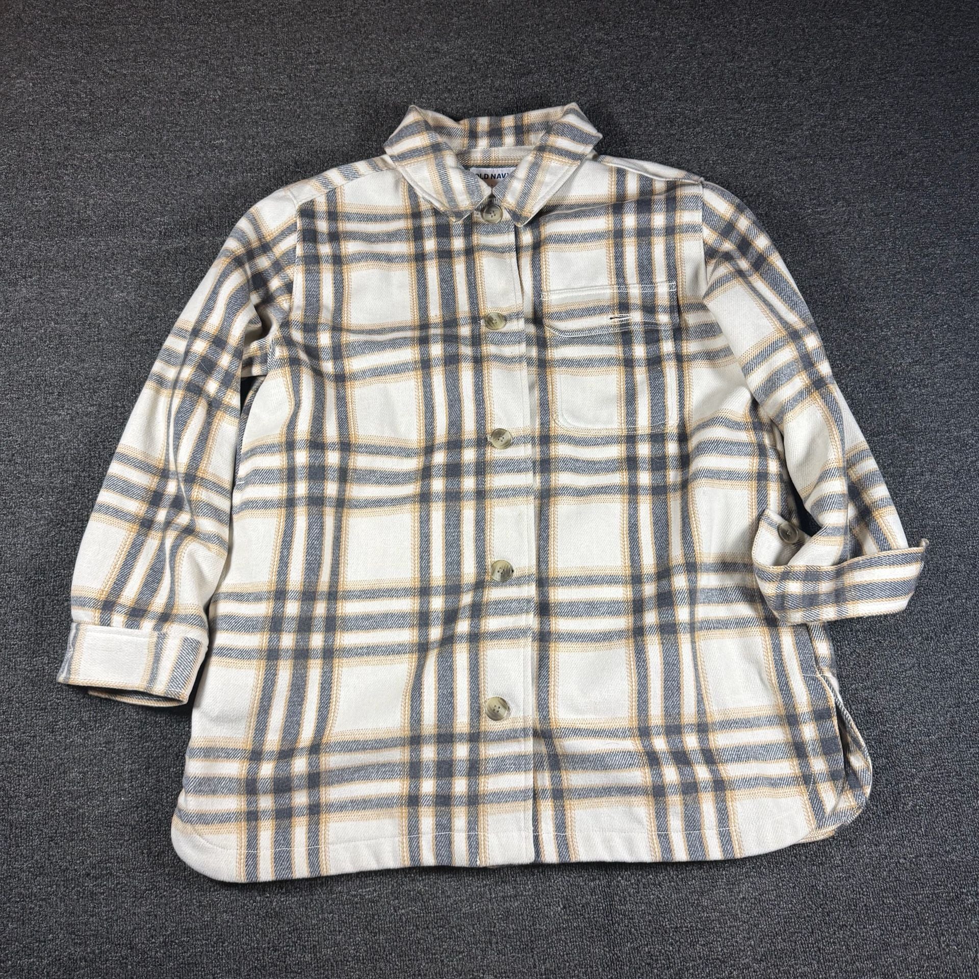 Old Navy Plaid Flannel Shirt Size L White Gray Tan 2