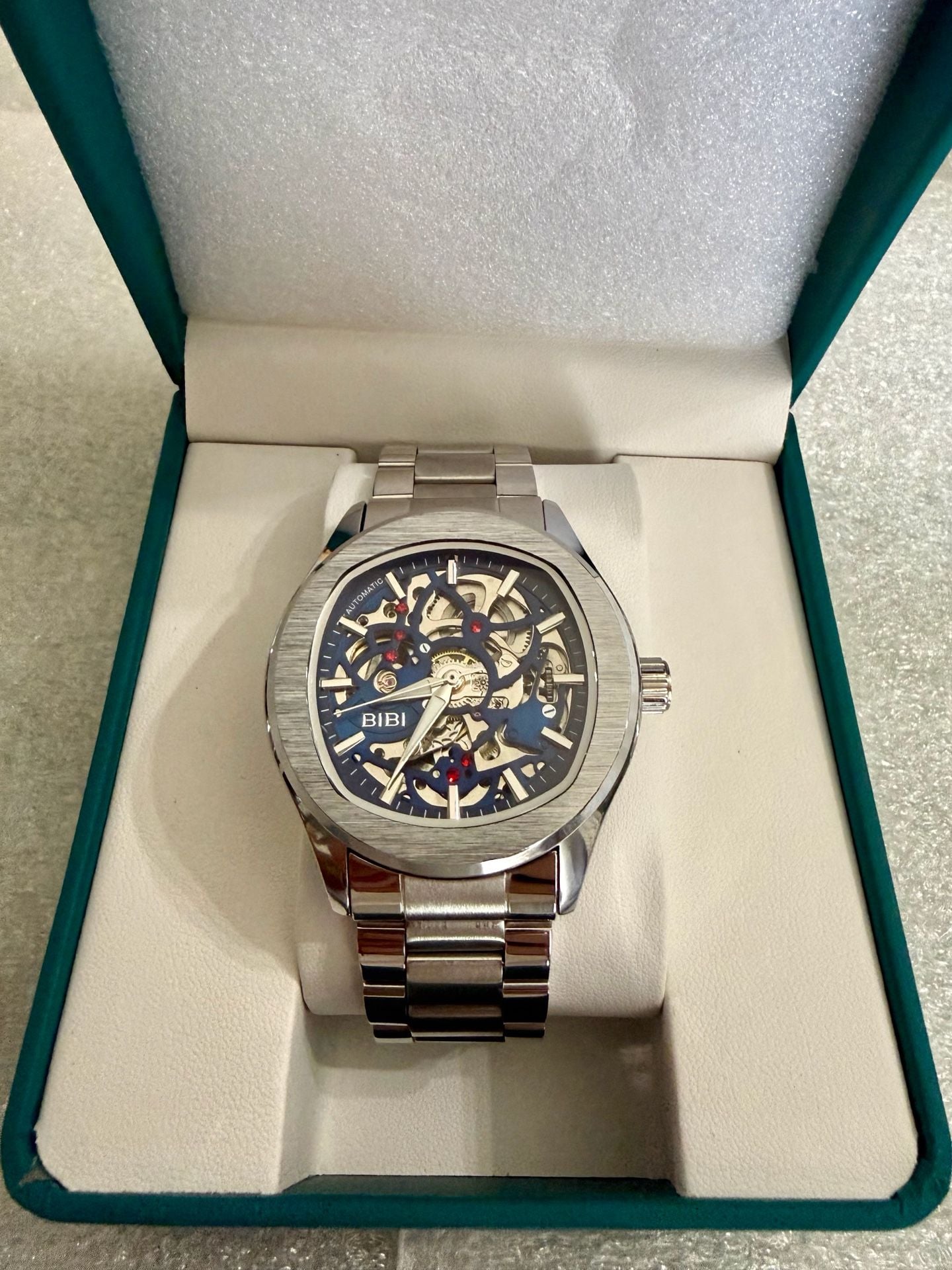 Bibi Luxury Automatic Skeleton Watch Blue Face Silver Steel 3