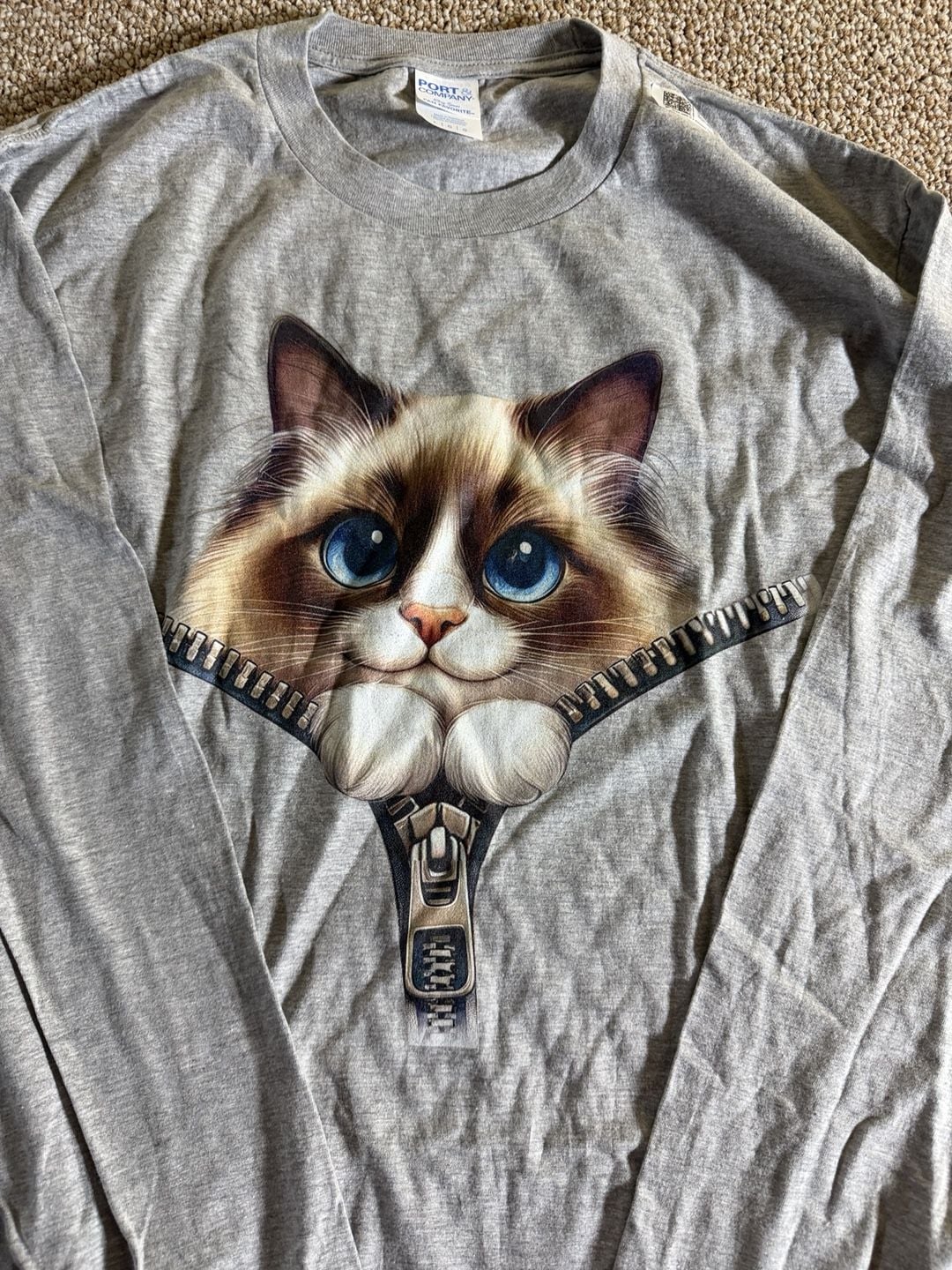 Port & Company Cat Zipper Graphic Long Sleeve T-Shirt Size Large Grey 3