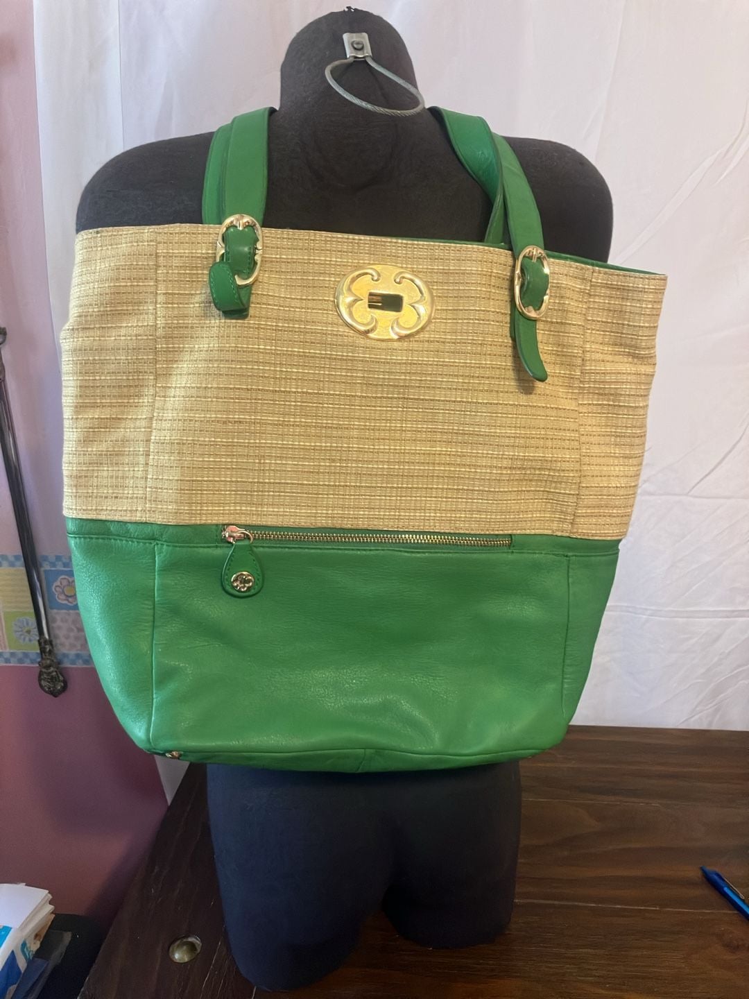 Emma Fox Green Leather and Straw Tote Bag 2