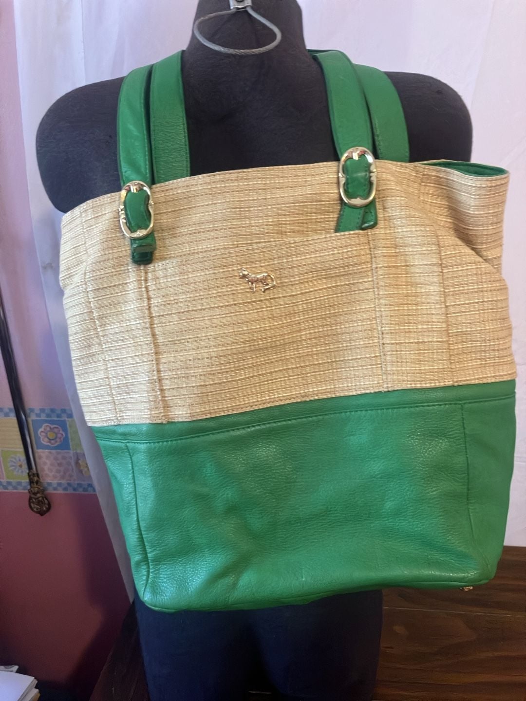 Emma Fox Green Leather and Straw Tote Bag 6