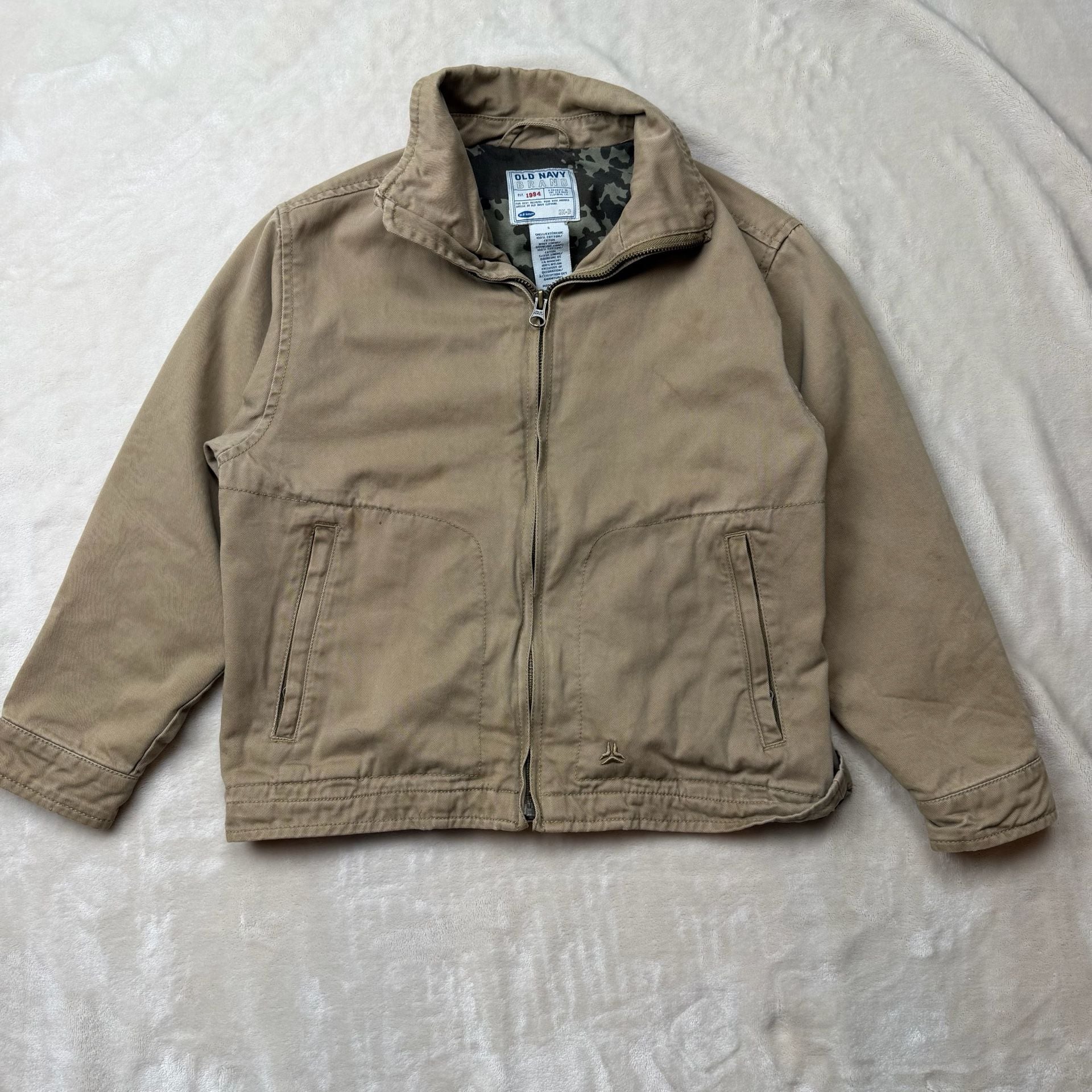 Old Navy 1990’s canvas work Jacket kids Size S Tan Cotton Camo Lined 2