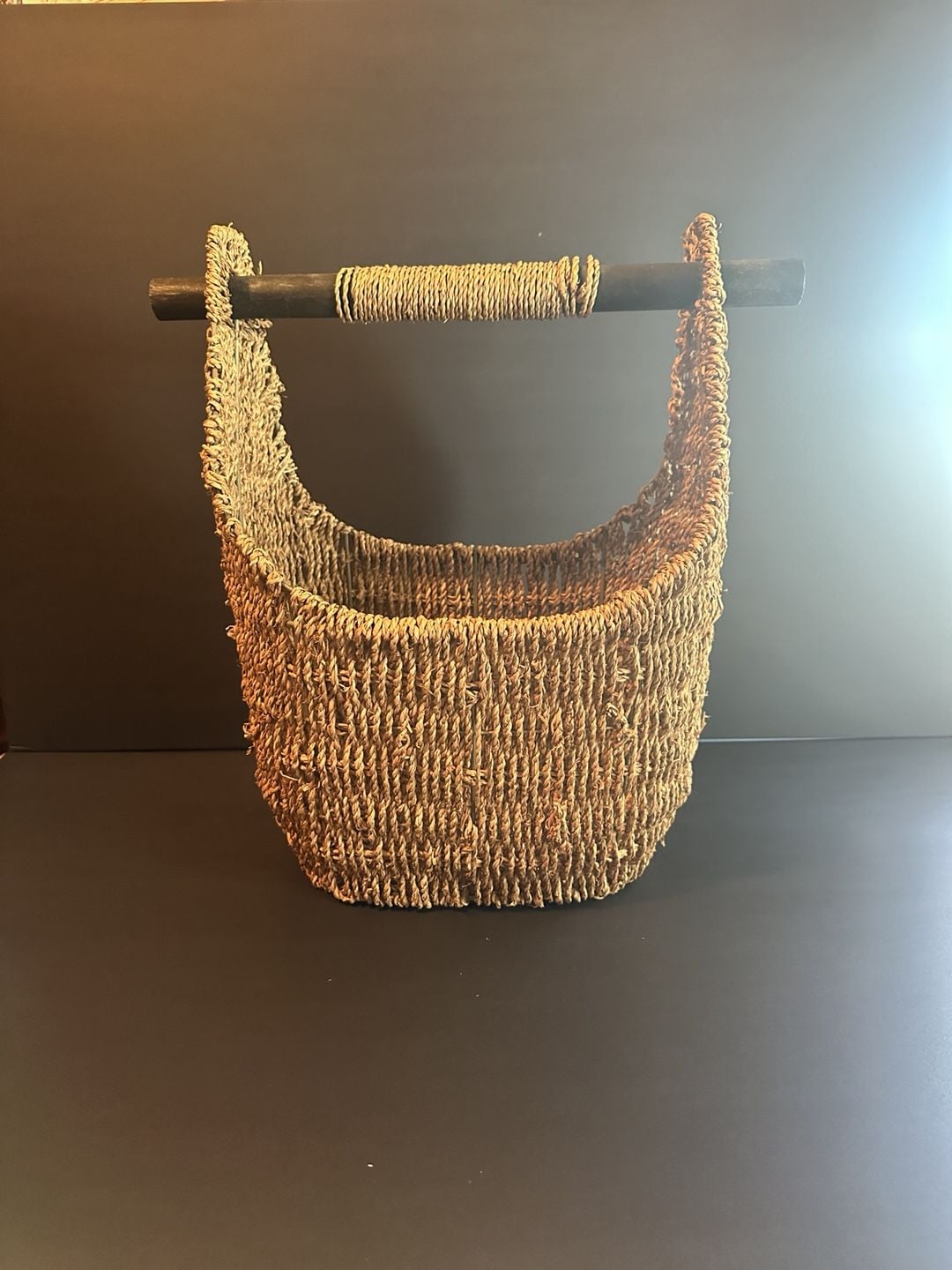 Unbranded Woven Seagrass Basket with Wooden Handle Brown 3