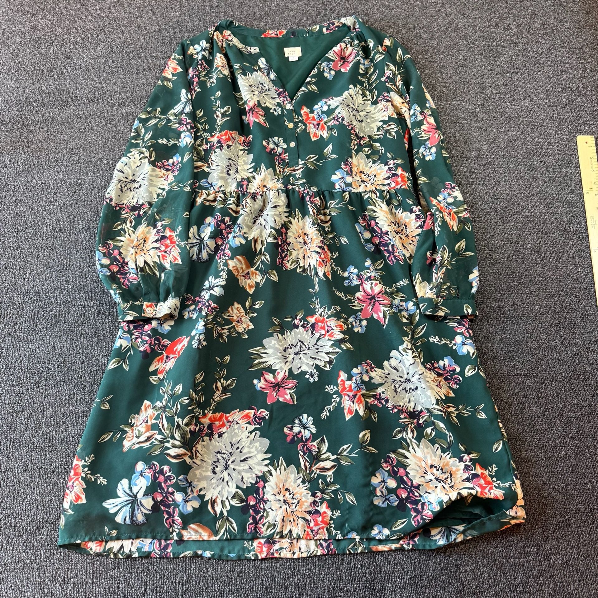 A New Day Floral Dress Size L Green Long Sleeve V-Neck 2