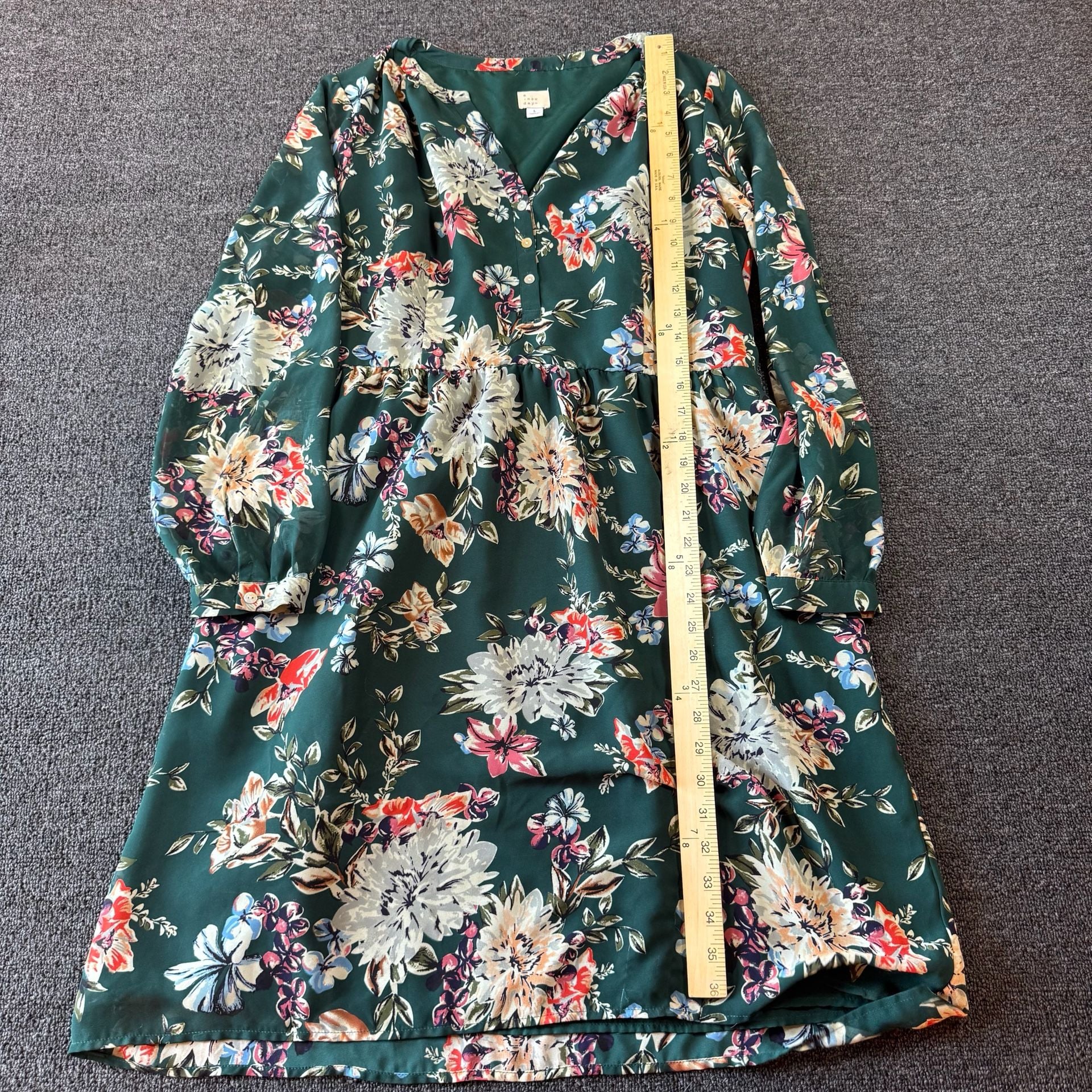 A New Day Floral Dress Size L Green Long Sleeve V-Neck 3