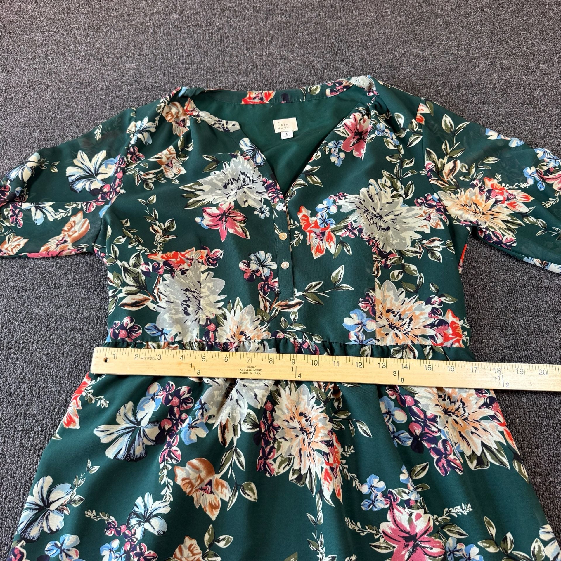 A New Day Floral Dress Size L Green Long Sleeve V-Neck 4