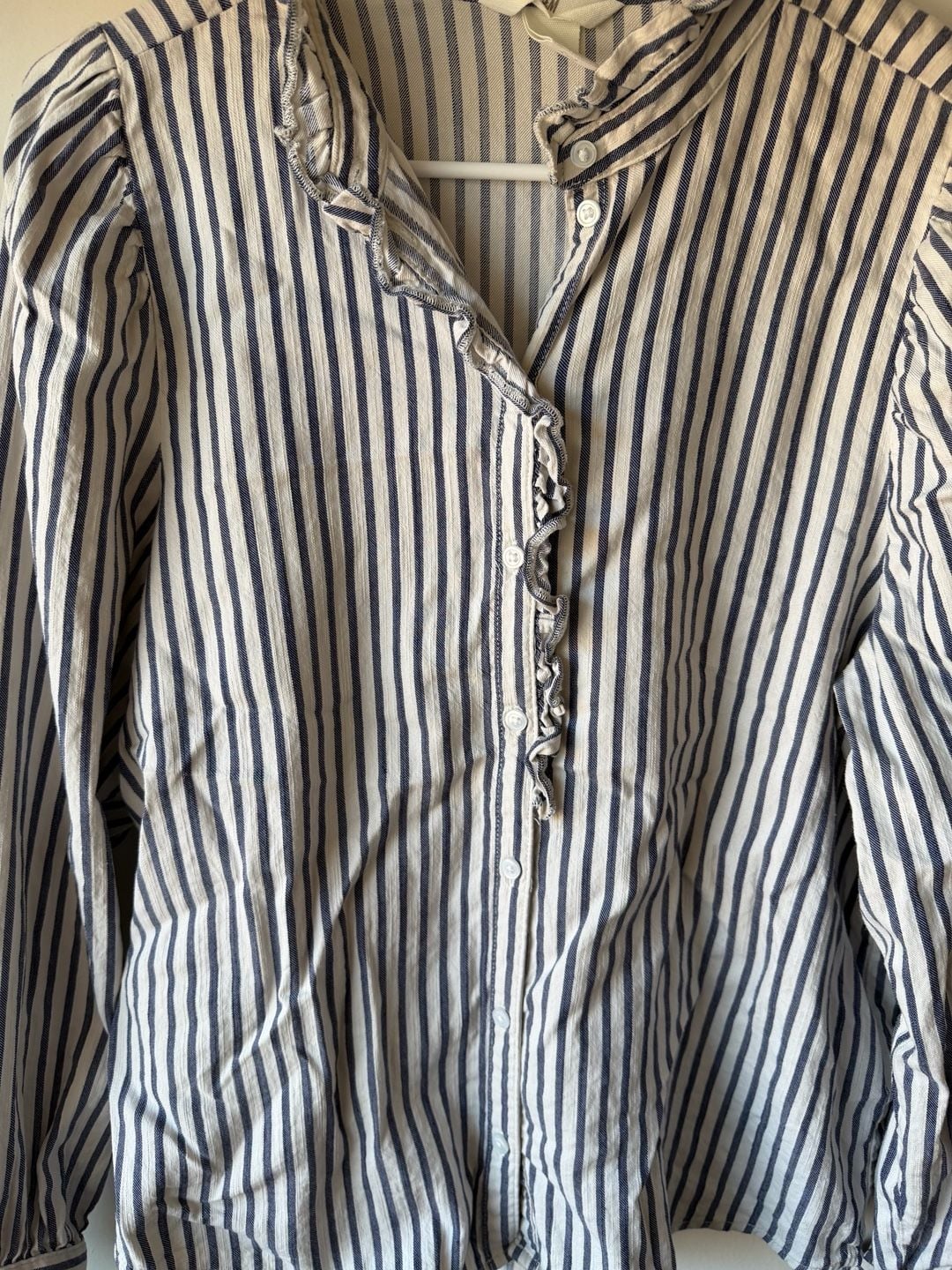 H&M Ruffle Collar Blouse Size M Blue White Striped Long Sleeve Shirt 3