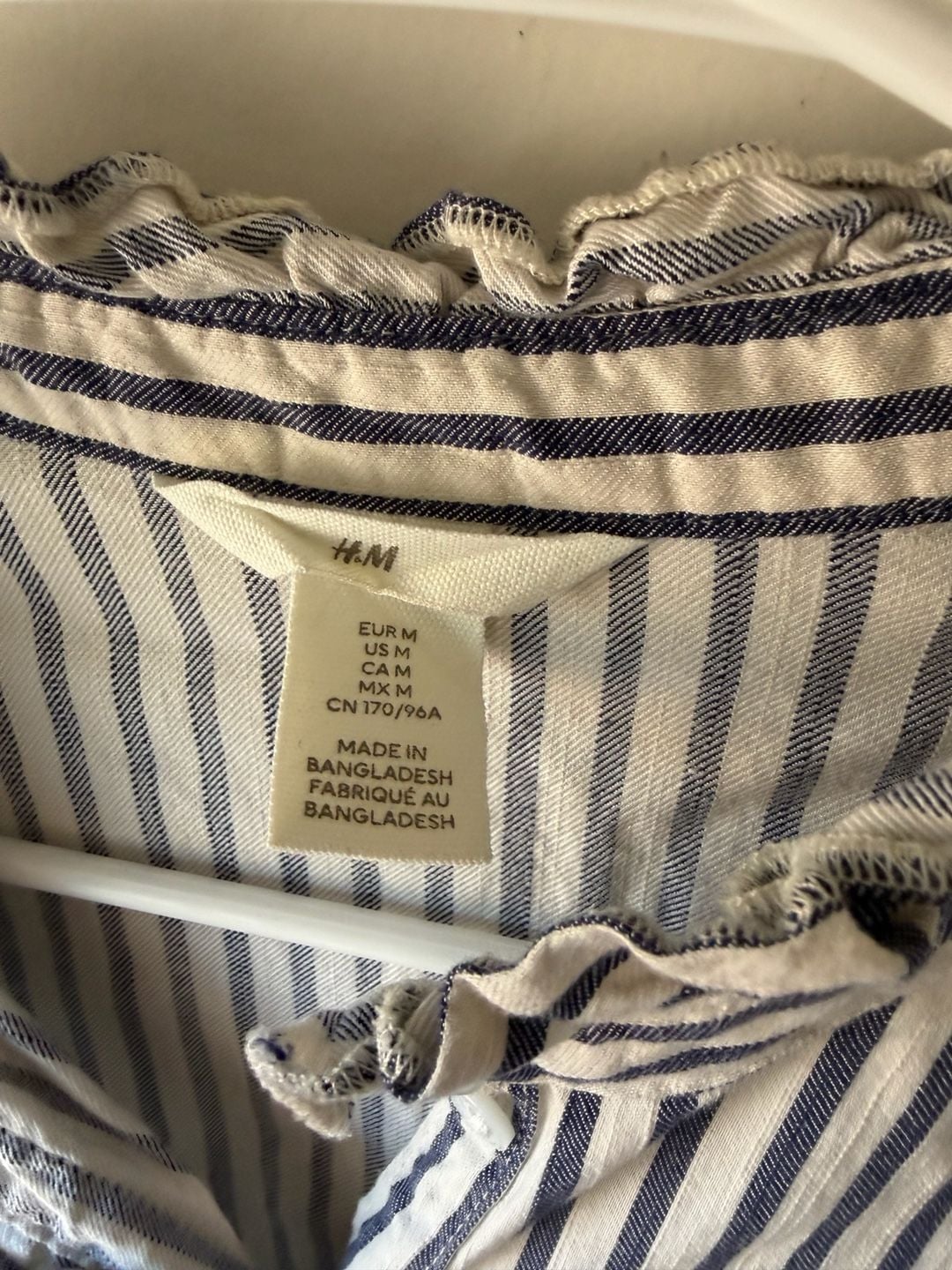 H&M Ruffle Collar Blouse Size M Blue White Striped Long Sleeve Shirt 4