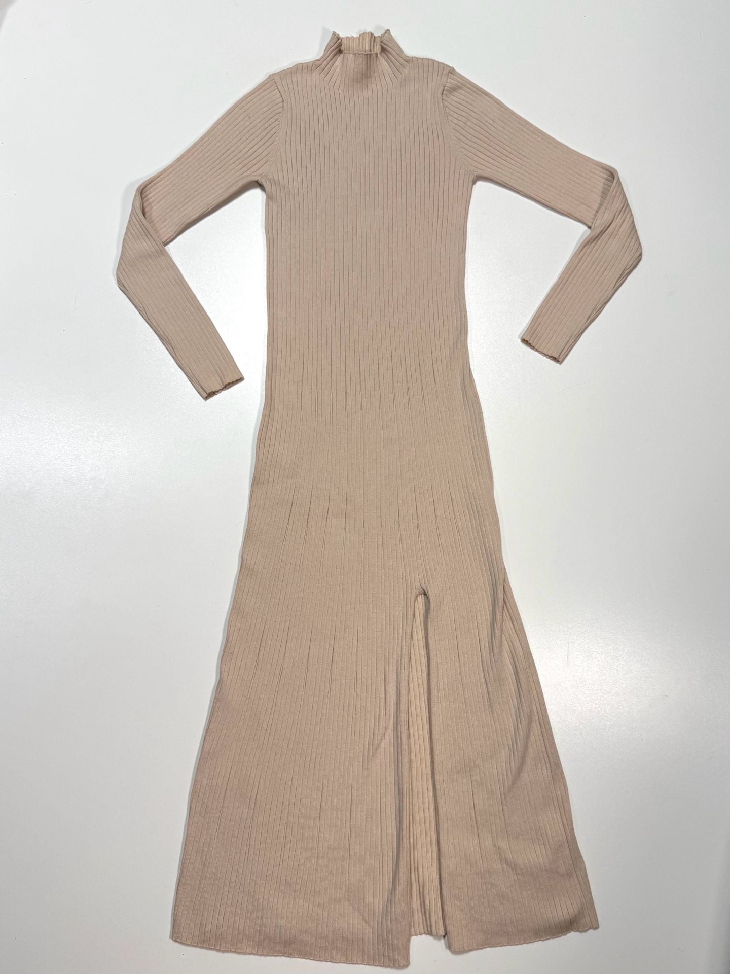 ASTR The Label Women's Dress Size M Quiet Luxury Old Money Preppy Y2K Balletcore Cream Ribbed Knit Mock Neck Midi Maxi Long Sleeve Side Slit Stretch Bodycon 2