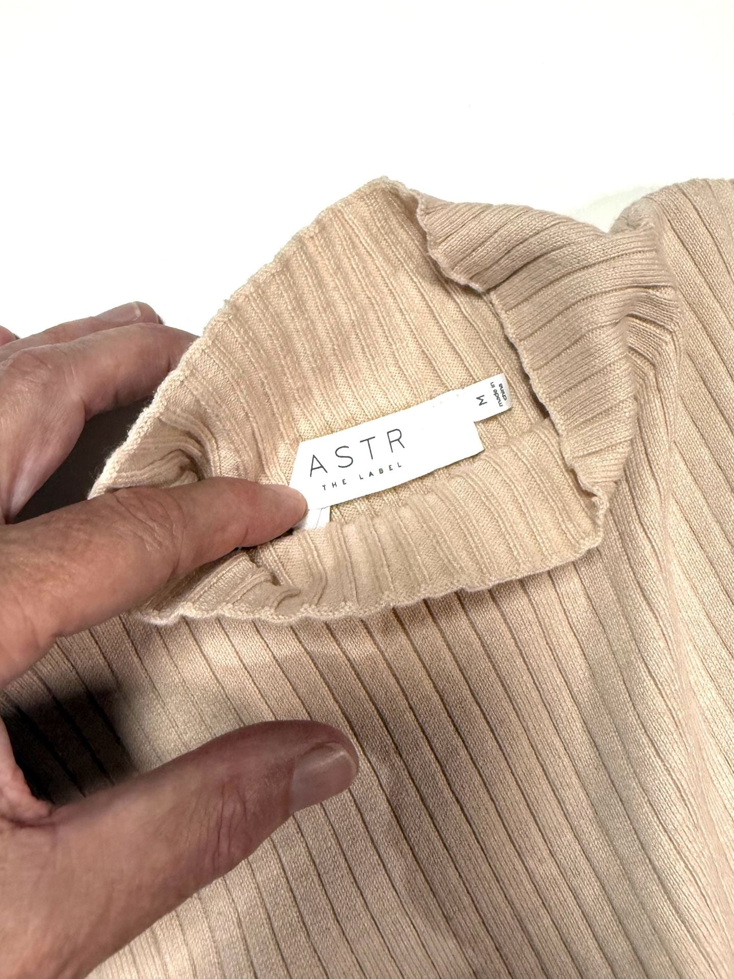ASTR The Label Women's Dress Size M Quiet Luxury Old Money Preppy Y2K Balletcore Cream Ribbed Knit Mock Neck Midi Maxi Long Sleeve Side Slit Stretch Bodycon 8