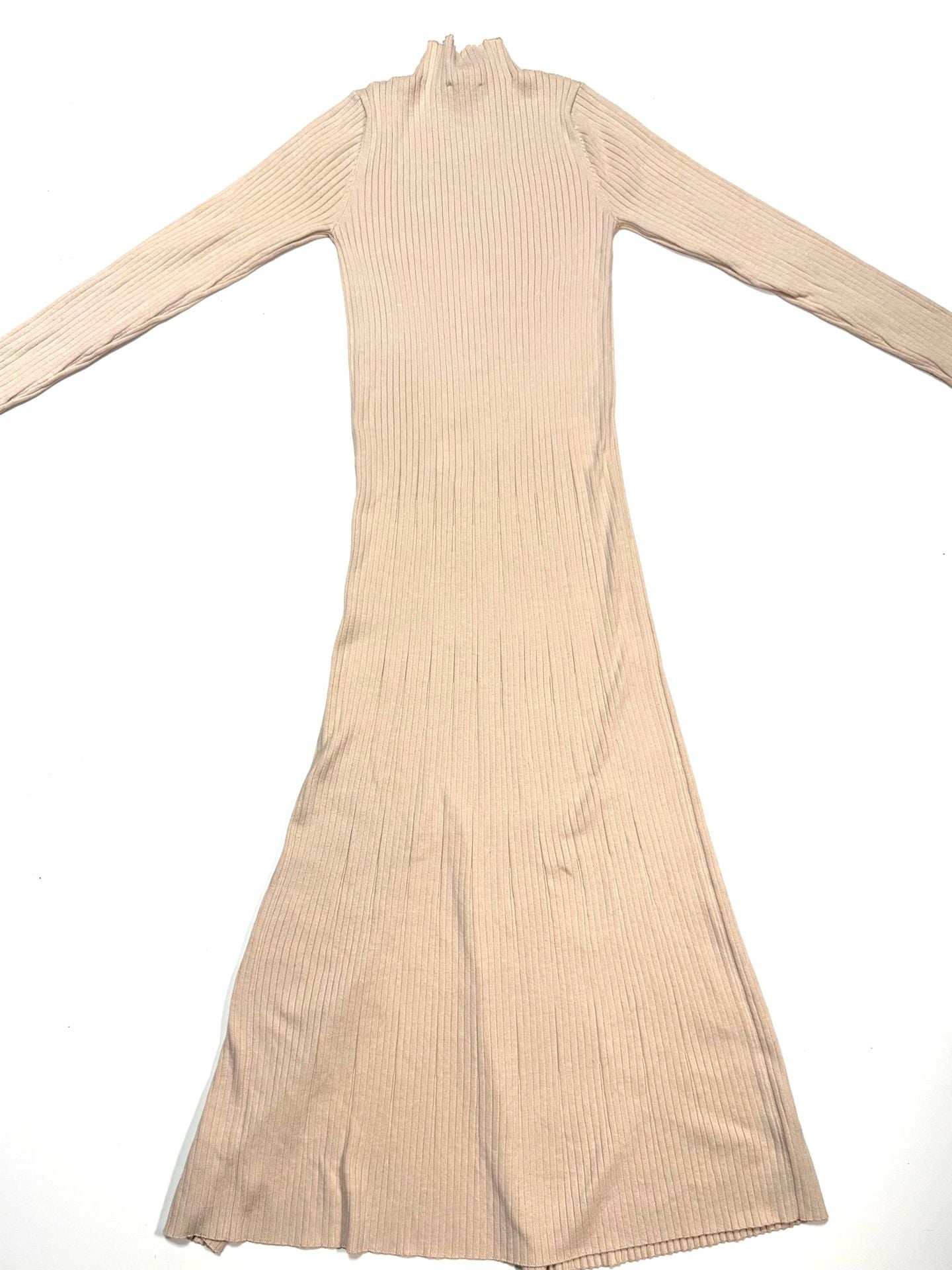 ASTR The Label Women's Dress Size M Quiet Luxury Old Money Preppy Y2K Balletcore Cream Ribbed Knit Mock Neck Midi Maxi Long Sleeve Side Slit Stretch Bodycon 10