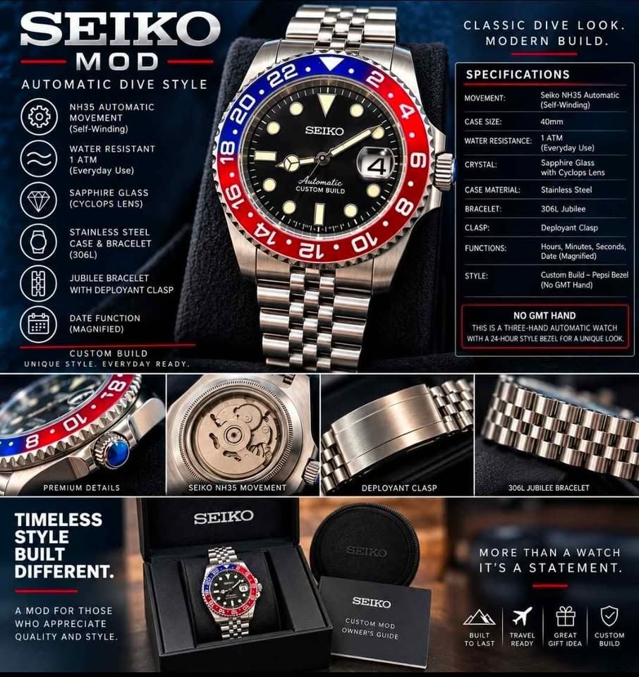 Seiko Custom Mod NH35 Pepsi Bezel Jubilee Watch 40mm 7