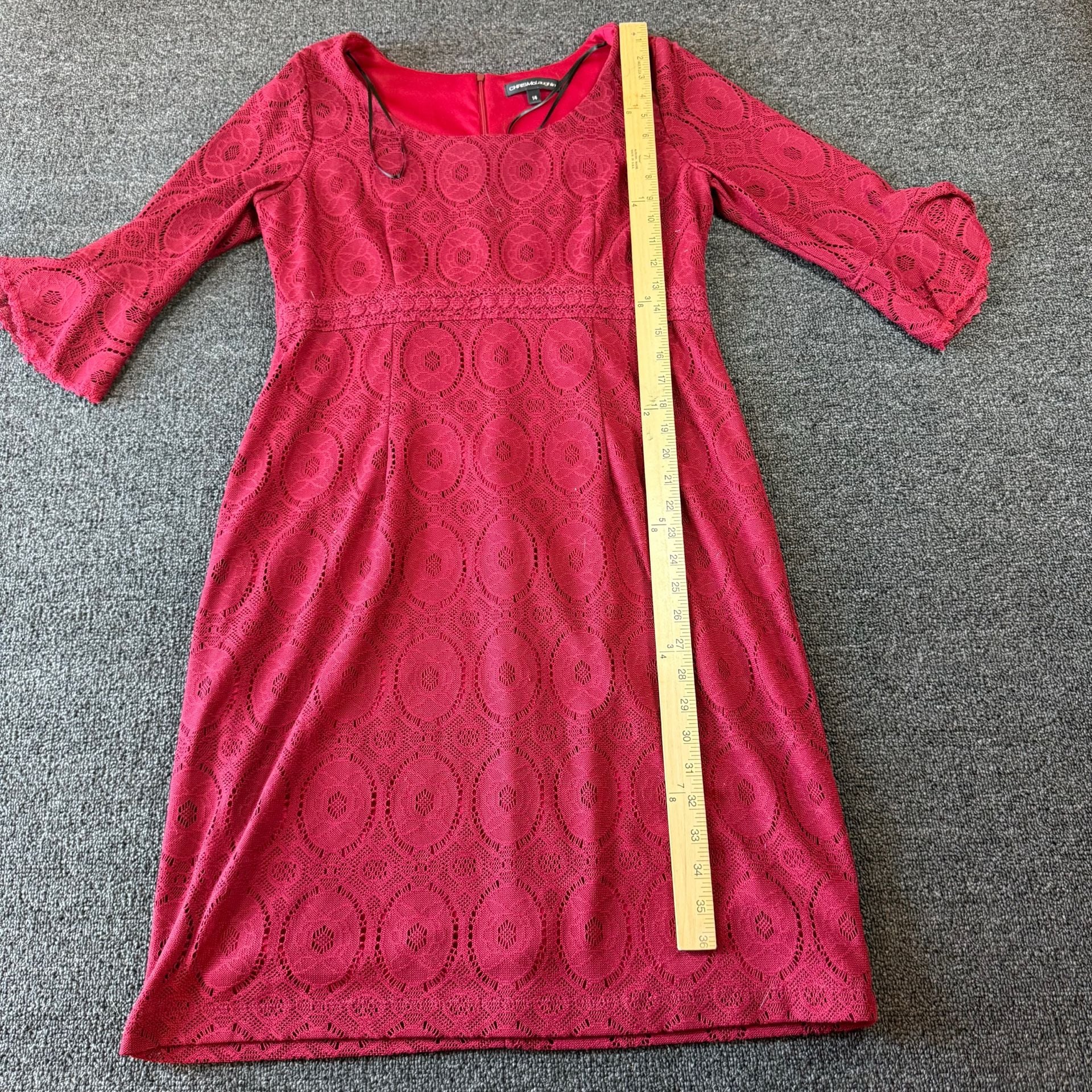Chris McLaughlin Dress Size 14 Red Lace 3/4 Bell Sleeve 3