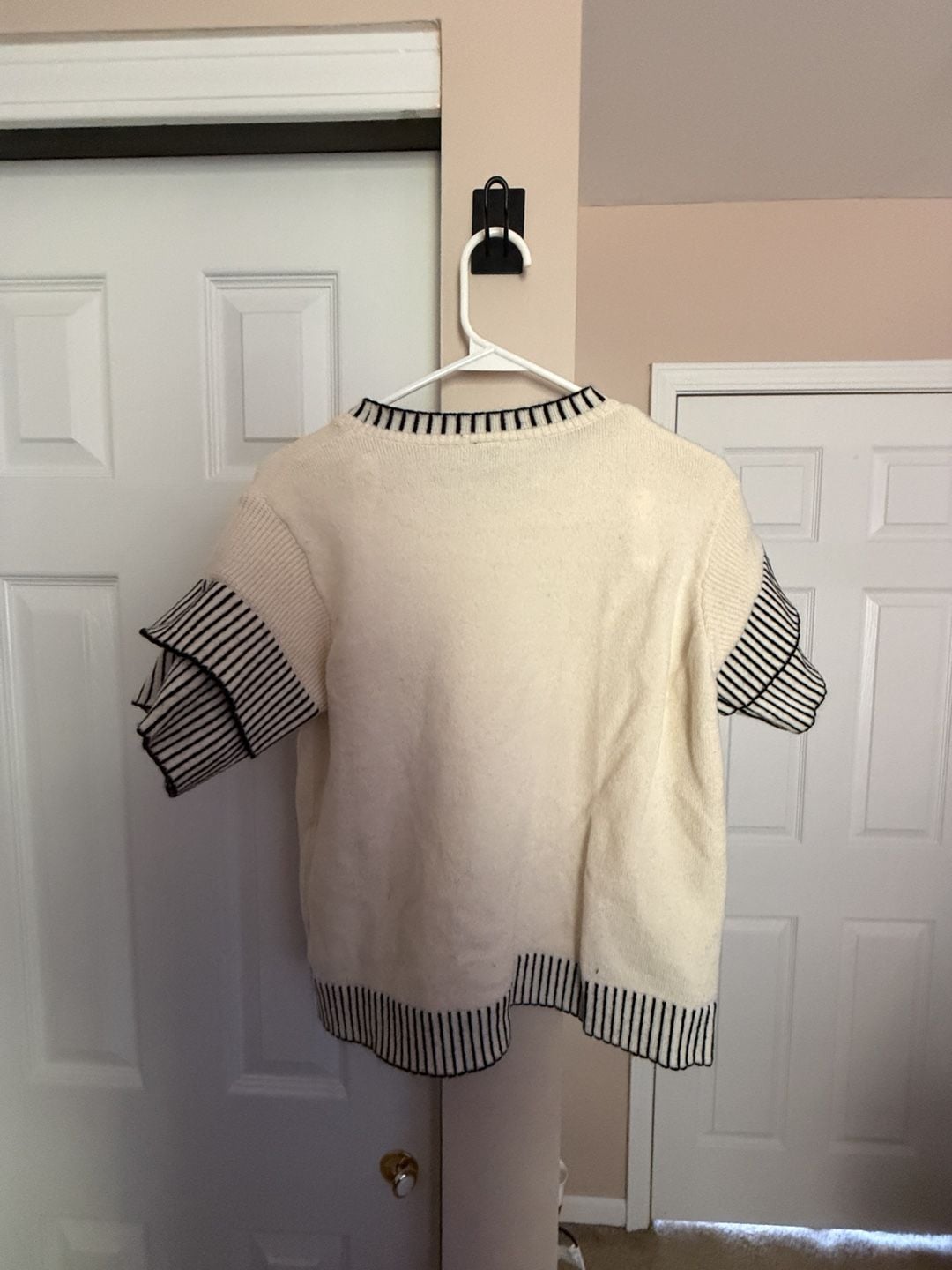 SHEIN Striped Ruffle Sleeve Sweater Size US 6 Cream Black Knit Top 7