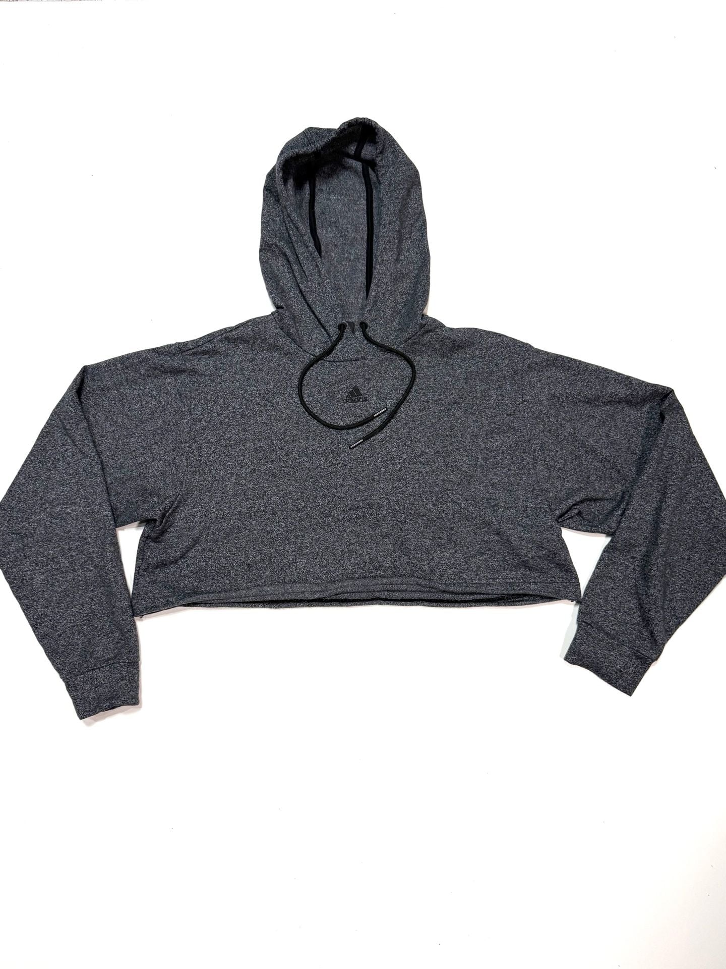 adidas Women's Hoodie Size M Y2K Athleisure Streetwear Indie Vanguard Balletcore Cropped Raw Hem Heather Grey Drawstring Pullover Cotton Blend Drop Shoulder GU6194 2