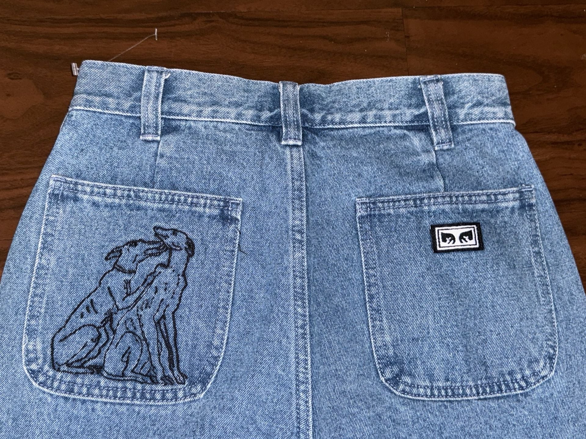 Obey Graphic Denim Jeans Size 26 Blue Straight Leg Embroidered 8