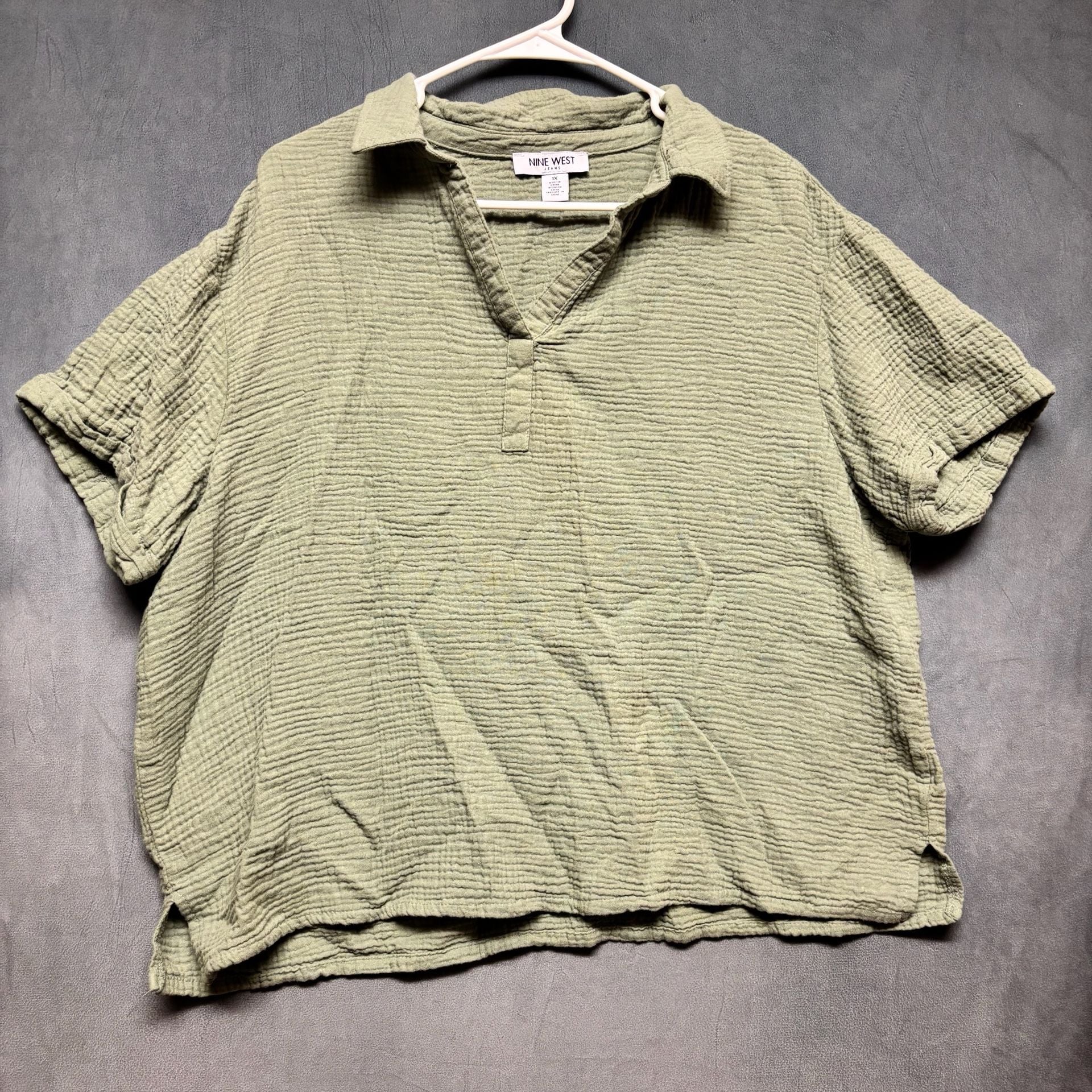 Nine West Textured Polo Shirt Size 1X Olive Green Gauze 2